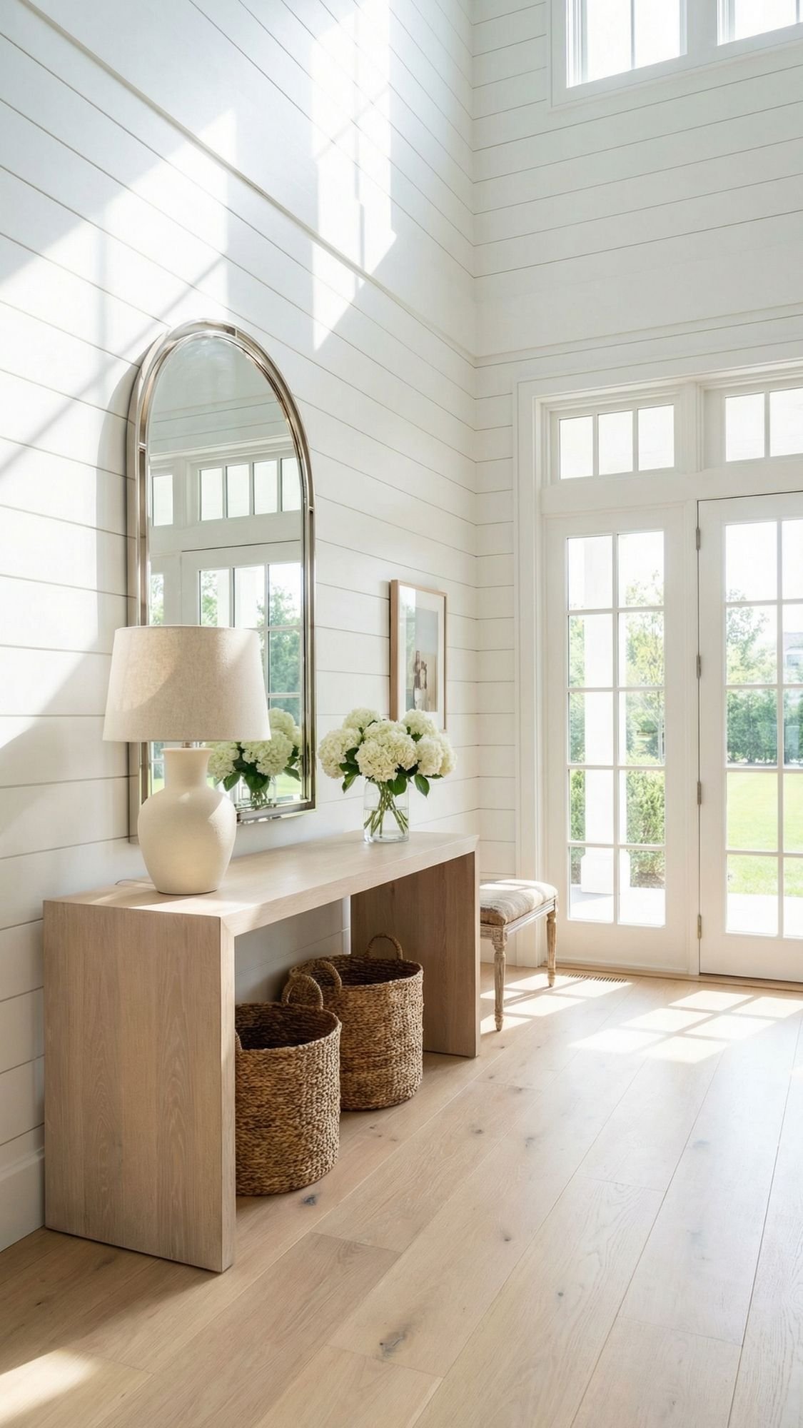A bright, airy entryway with light wood floors, a console table, white flowers in a vase, woven baskets below, and an arched mirror above—perfect spring home decor ideas to refresh your space as sunlight pours through double glass doors.