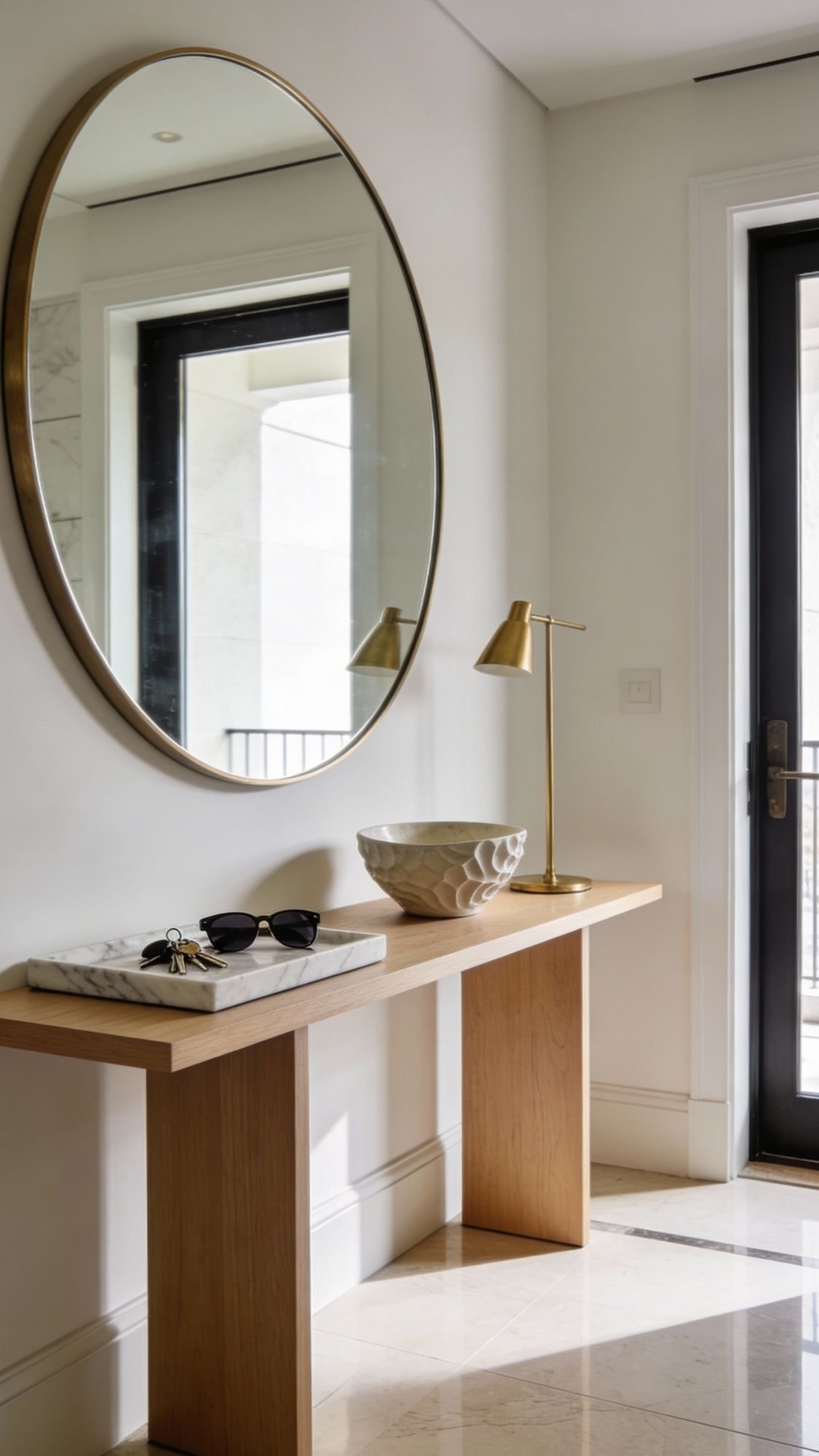 A modern entryway with a wooden console table, decorative bowl, gold desk lamp, marble tray for keys and sunglasses, and a large round mirror above. A glass door lets in natural light—perfect home decor ideas for small apartments.