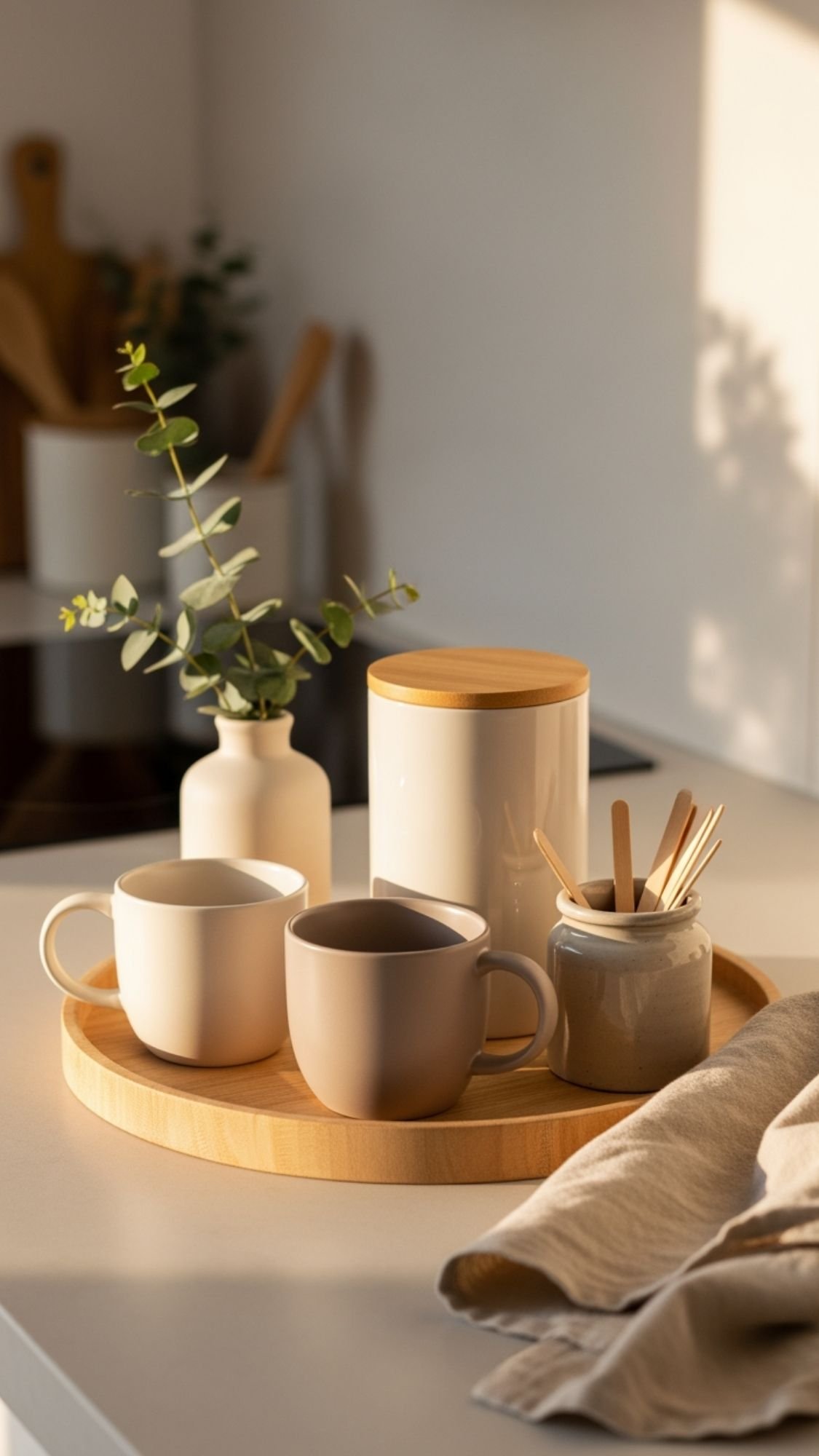 A wooden tray holds two mugs, a ceramic jar with wooden stirrers, a lidded canister, and a small vase with greenery—soft neutrals and cozy textures make it perfect for winter home decor on your kitchen counter.