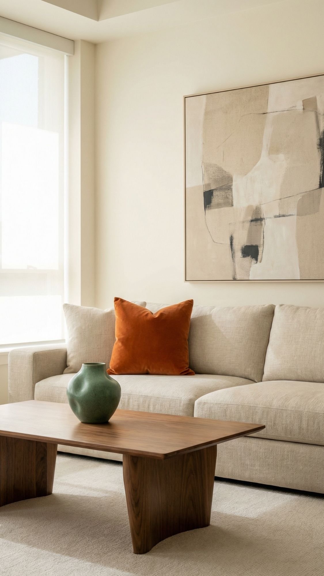 A modern living room with a beige sofa, orange throw pillow, wooden coffee table with a green vase, abstract wall art, and a large window letting in natural light—perfect for fans of cozy minimal style.