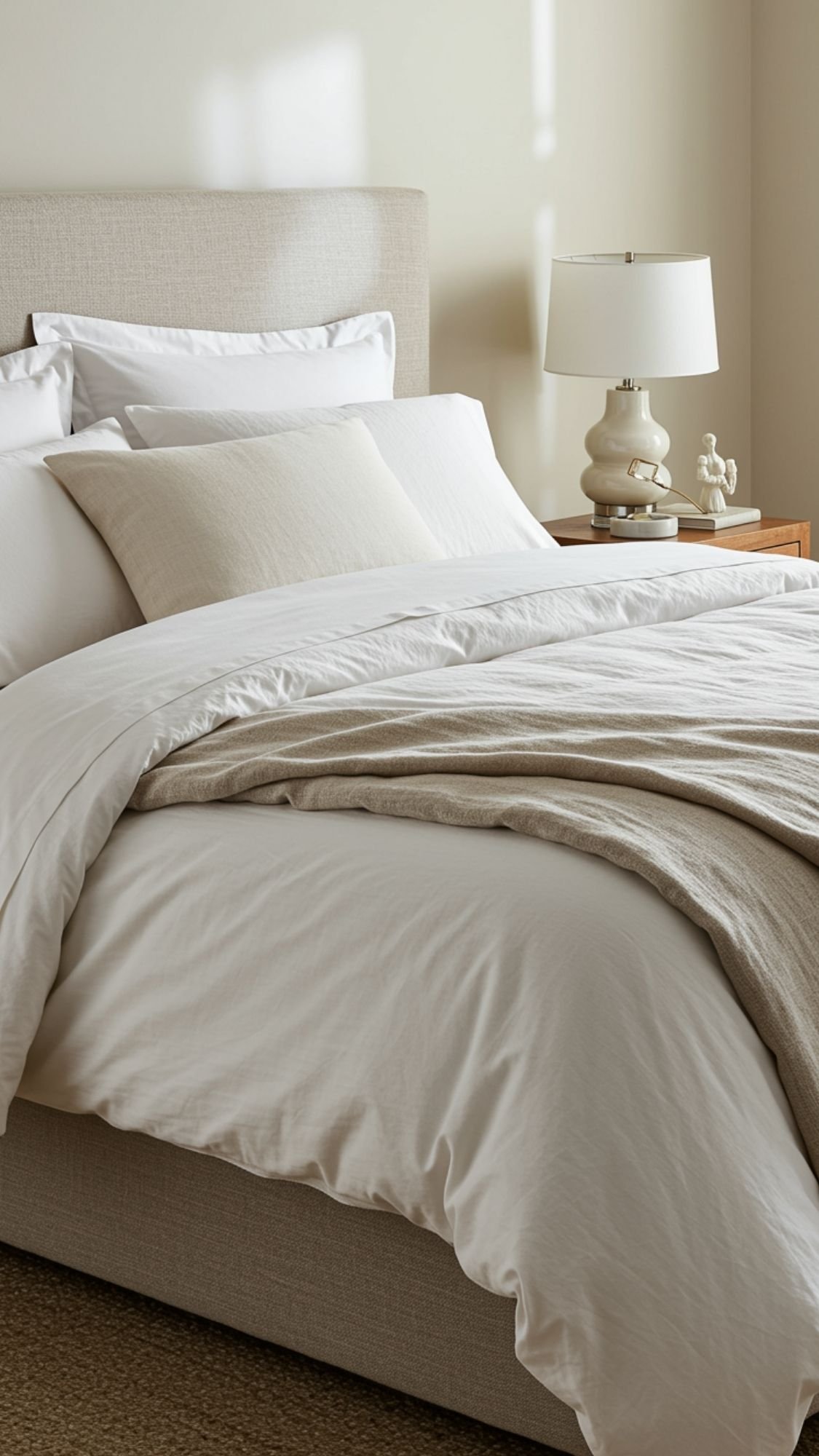 A neatly made bed with white and beige bedding, two pillows, and a beige headboard. A bedside table holds a lamp and small decorative items against a light-colored wall—perfect for those seeking quiet luxury in home decor ideas.