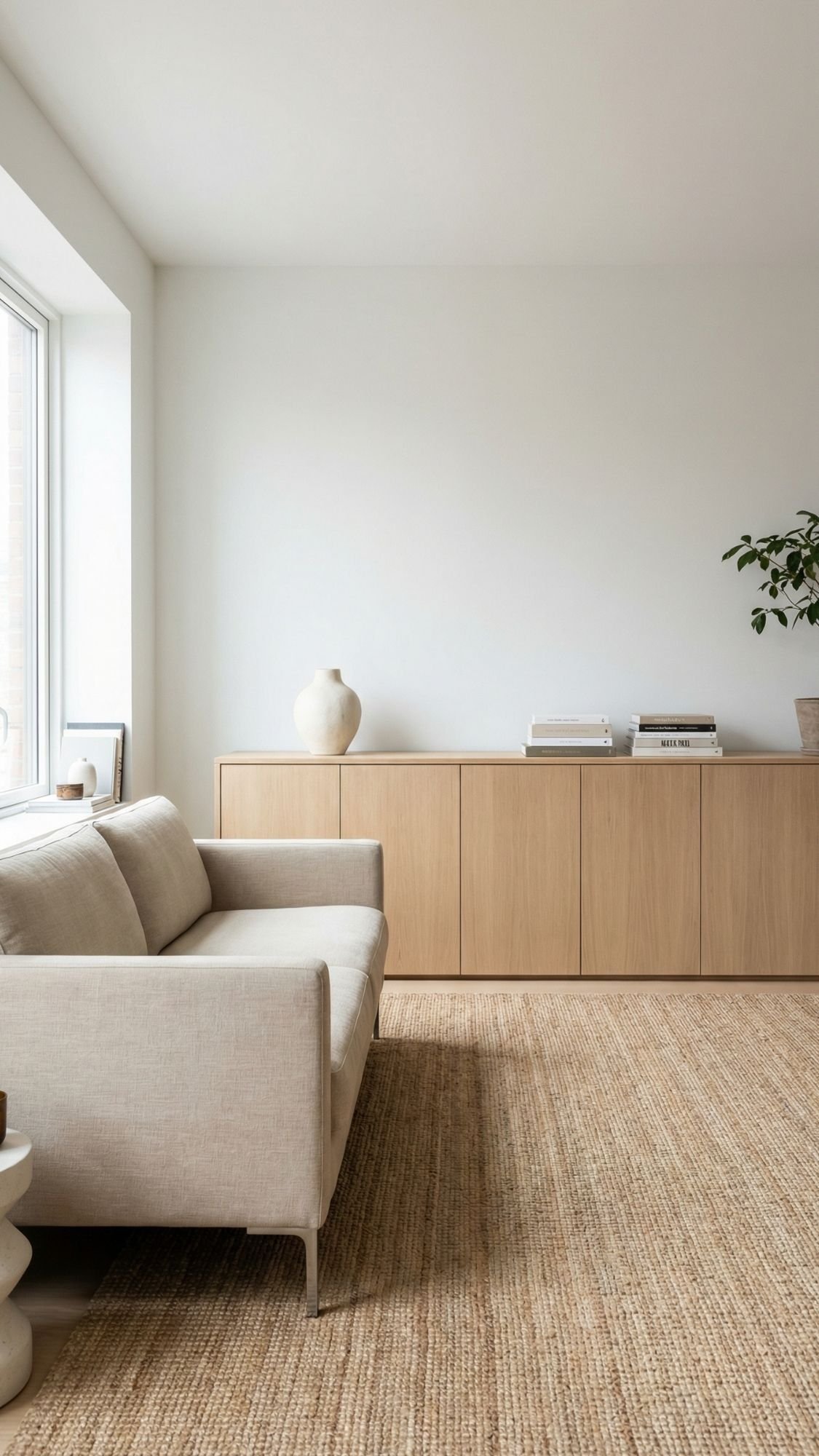 A minimalist living room perfect for small apartments, featuring a light beige sofa, textured woven rug, low wooden cabinet, white vase, stacked books, and a leafy plant by a large window for a spacious feel.