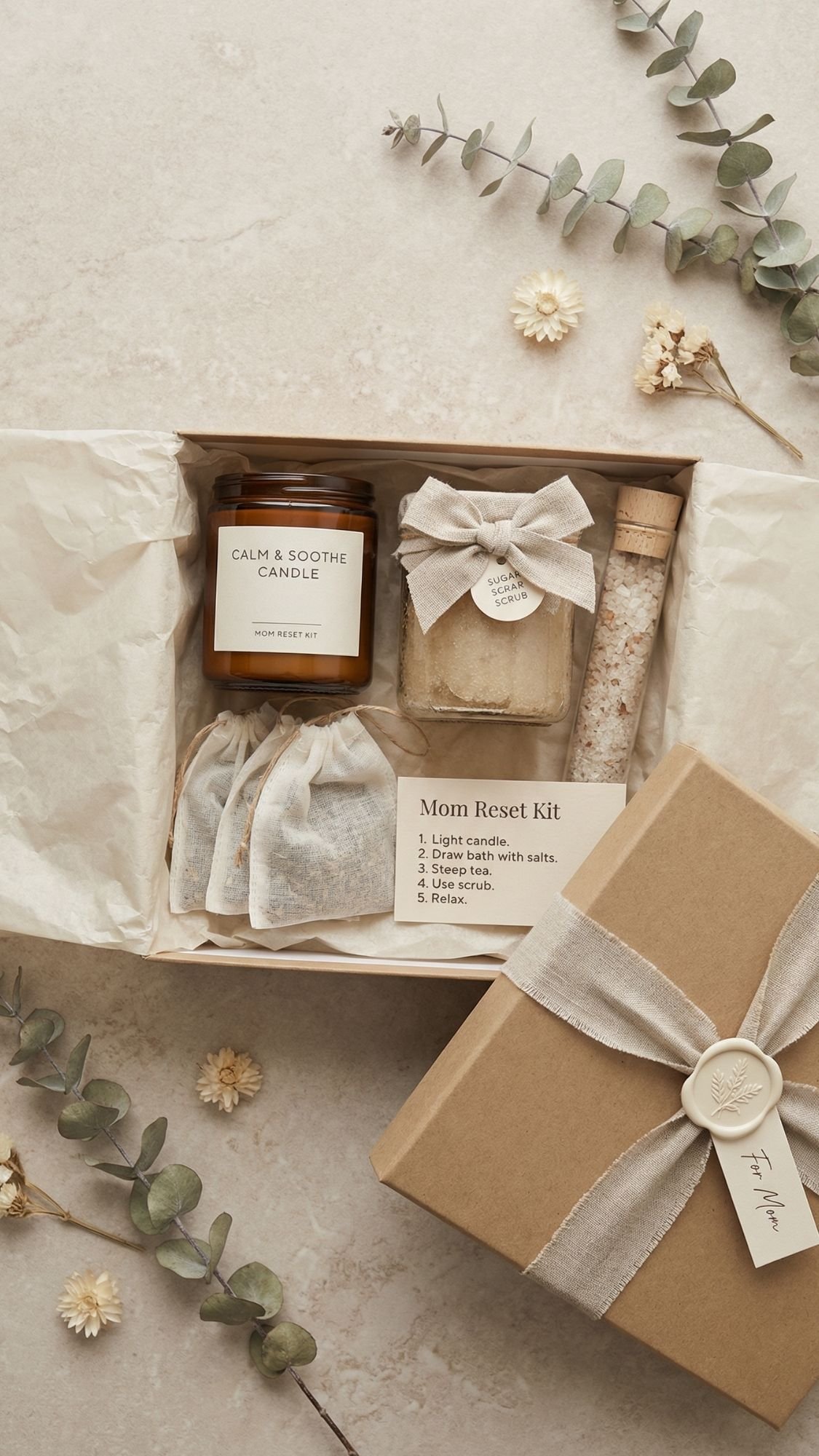A gift box labeled Mom Reset Kit features neutral aesthetic packaging and includes a candle, bath soak, bath salts, tea bags, an instruction card, and dried flowers—all neatly arranged as thoughtful gifts for mom in a ribboned box.