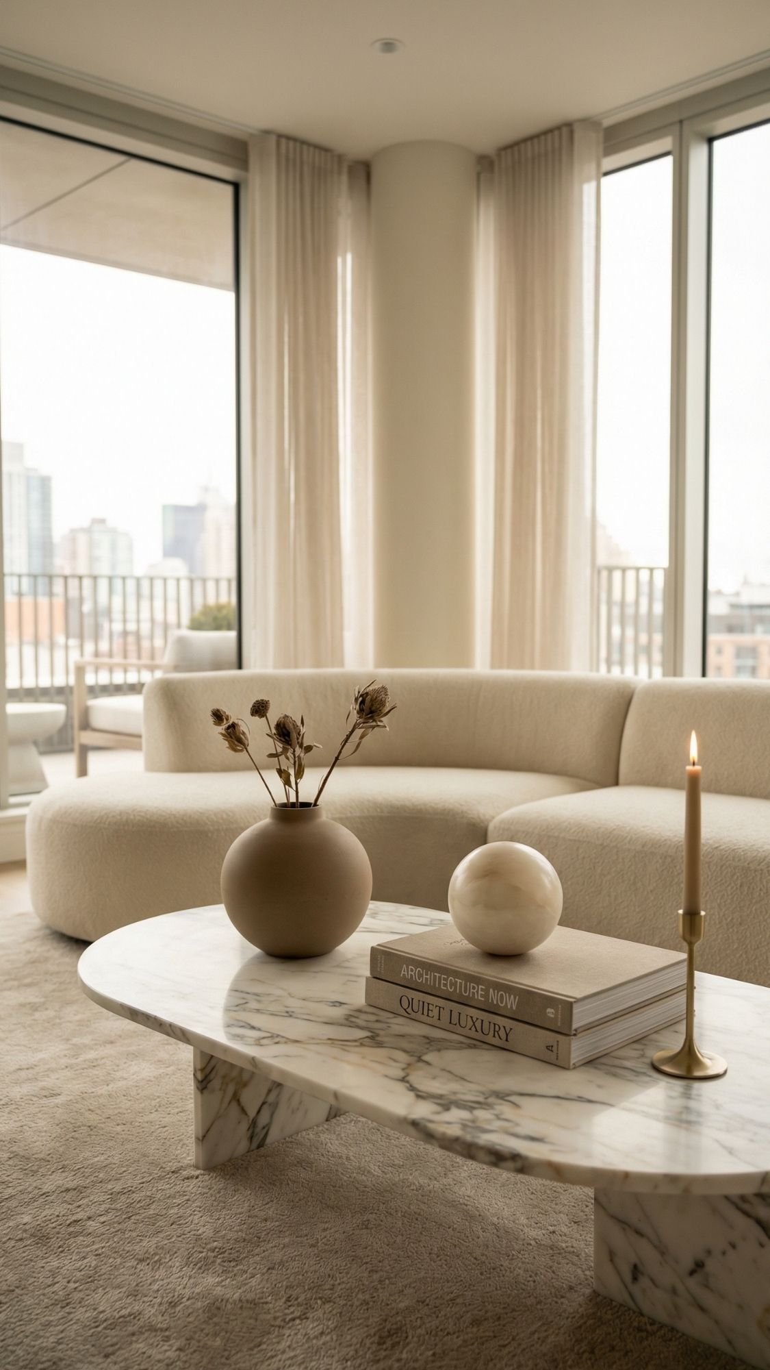 A modern living room with floor-to-ceiling windows, a curved cream sofa, and chic coffee table styling—dried flowers in a vase, a marble sphere, stacked books, and a lit candle. Discover inspiring decor ideas with city views beyond.