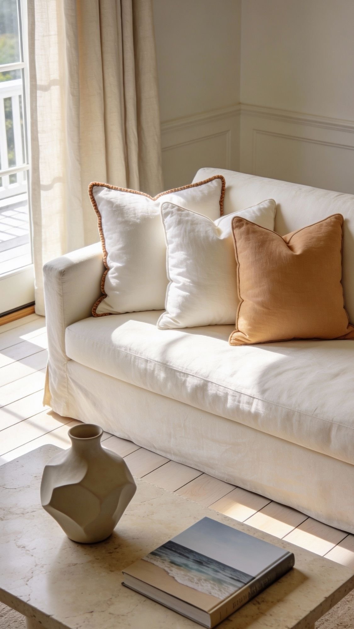 A sunlit living room with a white sofa, two white pillows, one tan pillow, a beige vase, and a book on a light marble coffee table. Curtains and a window let in natural light—perfect for Spring-inspired home decor ideas to refresh your space.