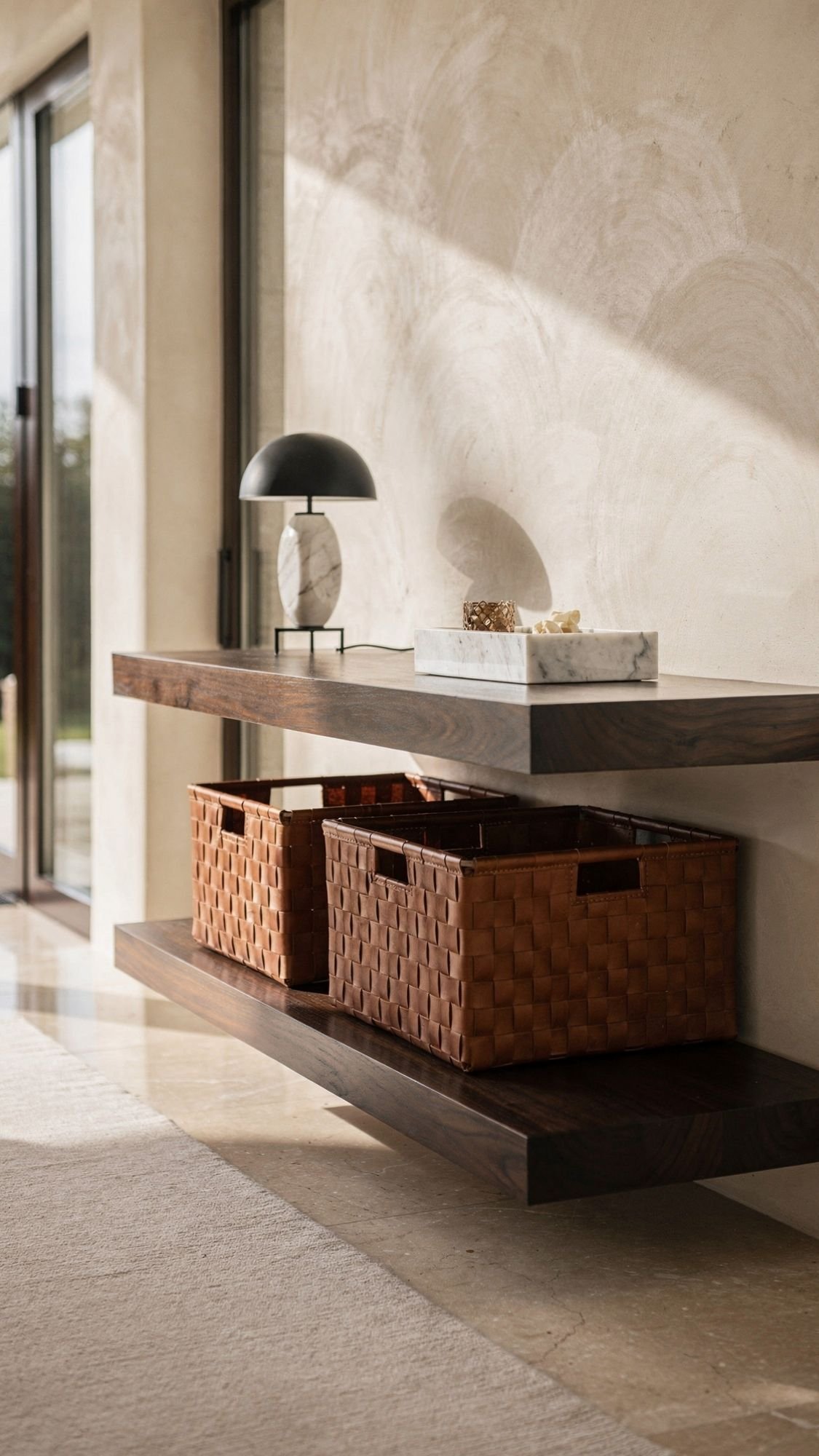 Welcome warmth into your entryway with a modern console featuring two floating wooden shelves, a black lamp with a marble base, and woven baskets—sunlight pours in, creating inspiring home decor ideas for any neutral-toned space.