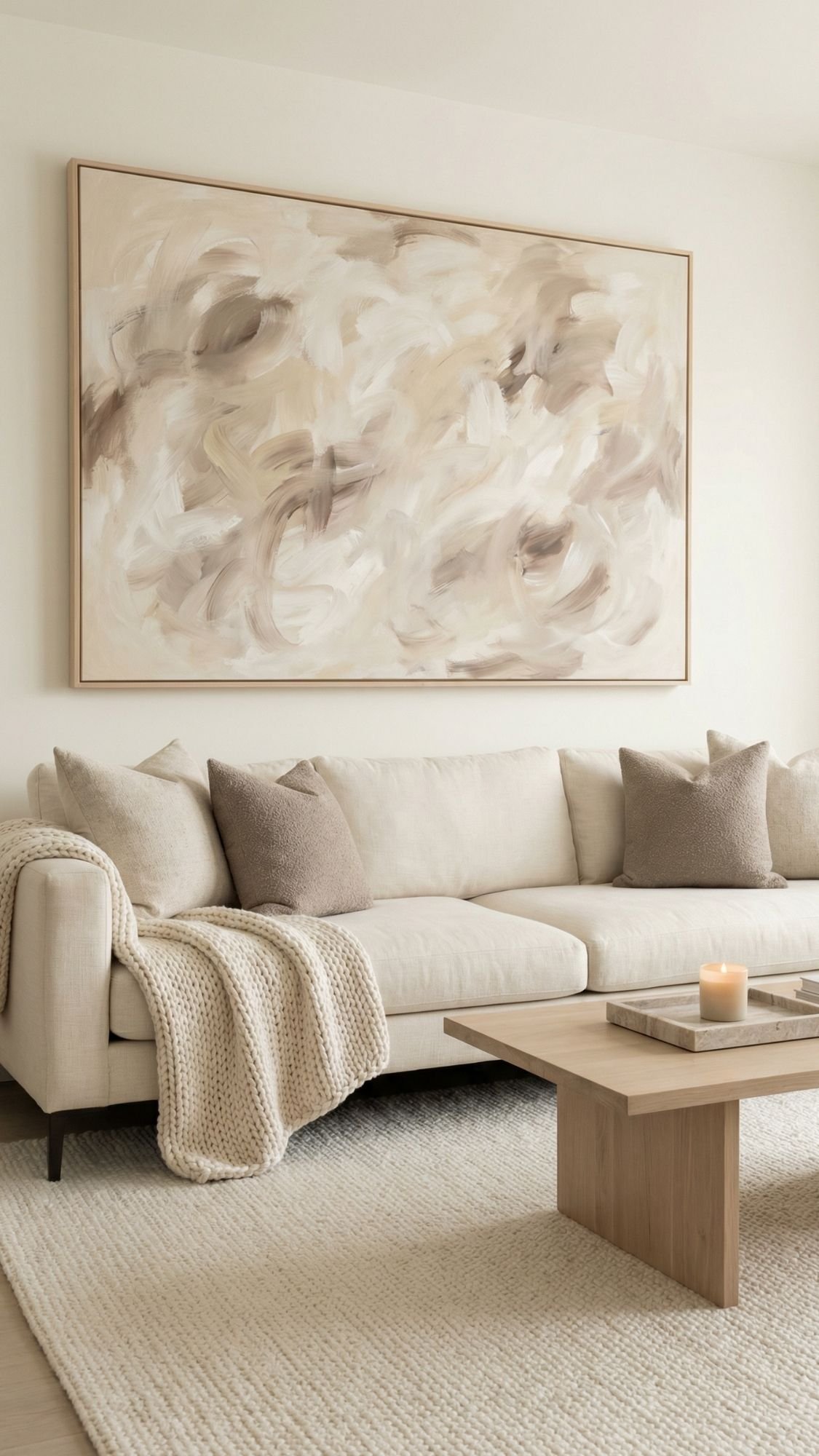 A modern living room with a cream-colored sofa, soft neutrals, neutral pillows, a knit throw blanket, a light wood coffee table with a candle, a textured rug, and a large abstract painting in beige tones offers calm winter home vibes.