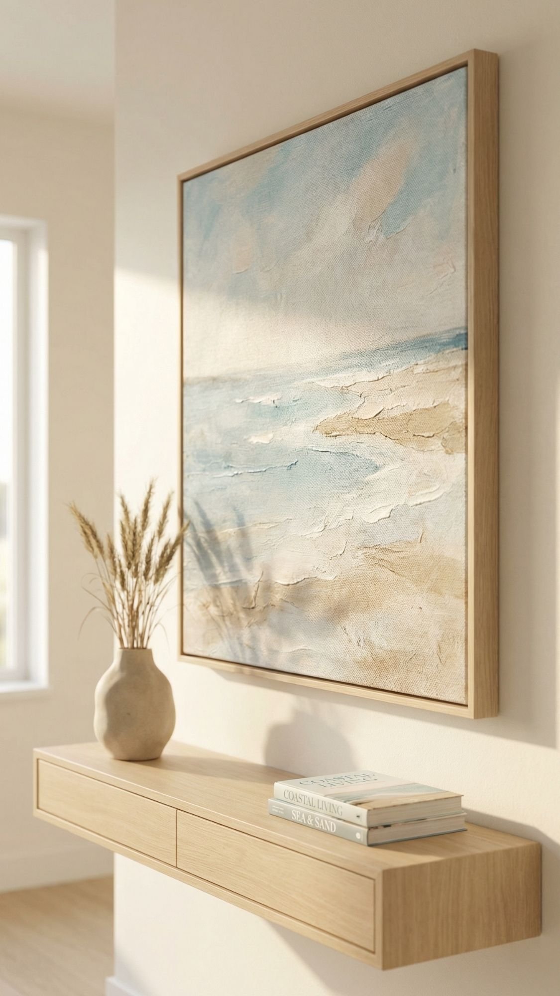 A minimalist wooden shelf with two books and a beige vase of dried grasses sits beneath a large beach painting, creating easy living vibes in this sunlit, neutral-toned room—perfect inspiration for home decor ideas.