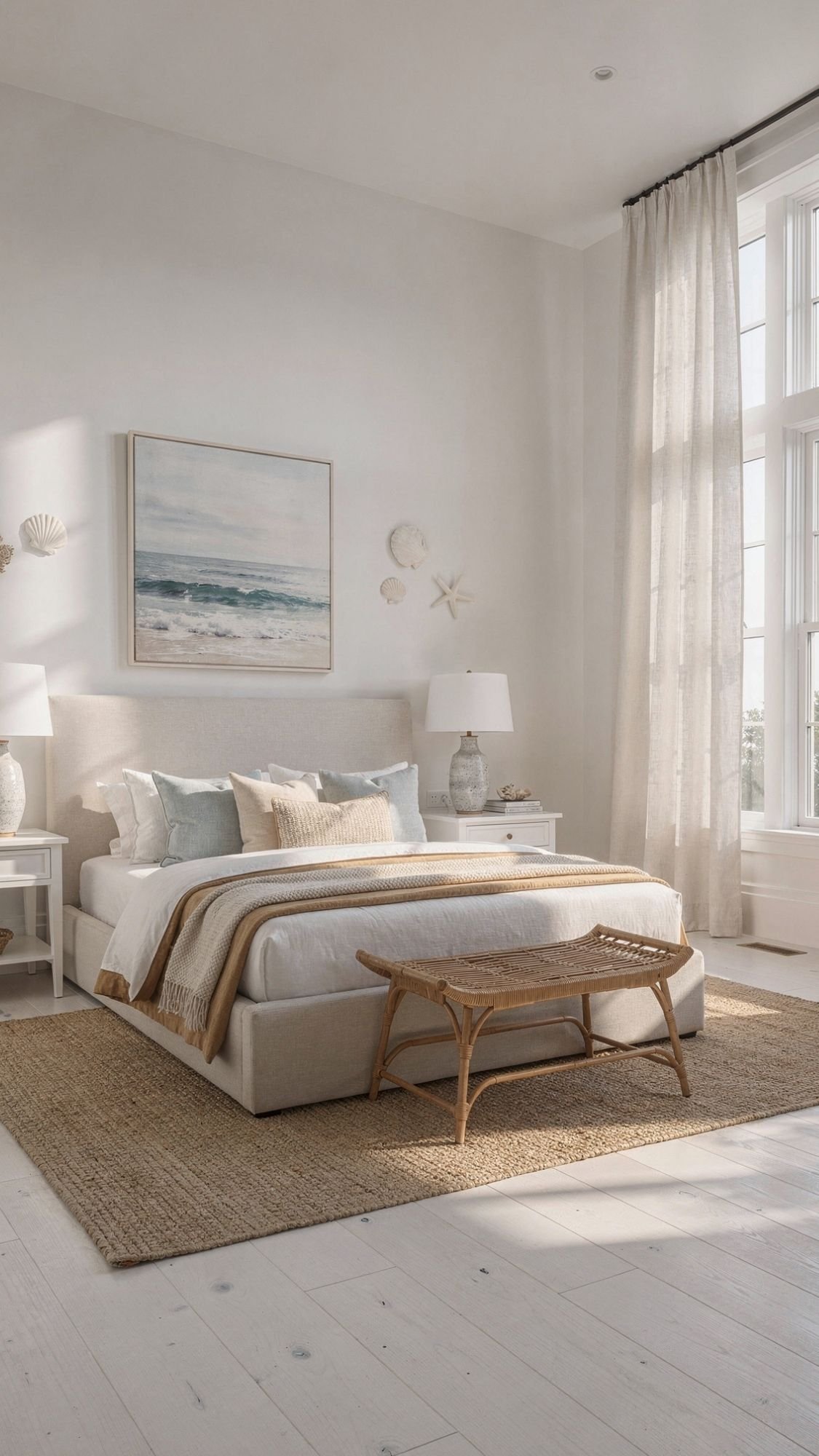 A bright, coastal-themed bedroom with a large bed, white linens, light wood accents, and ocean-themed wall art. Sunlight pours in through tall windows—perfect home decor ideas to refresh your space for spring.