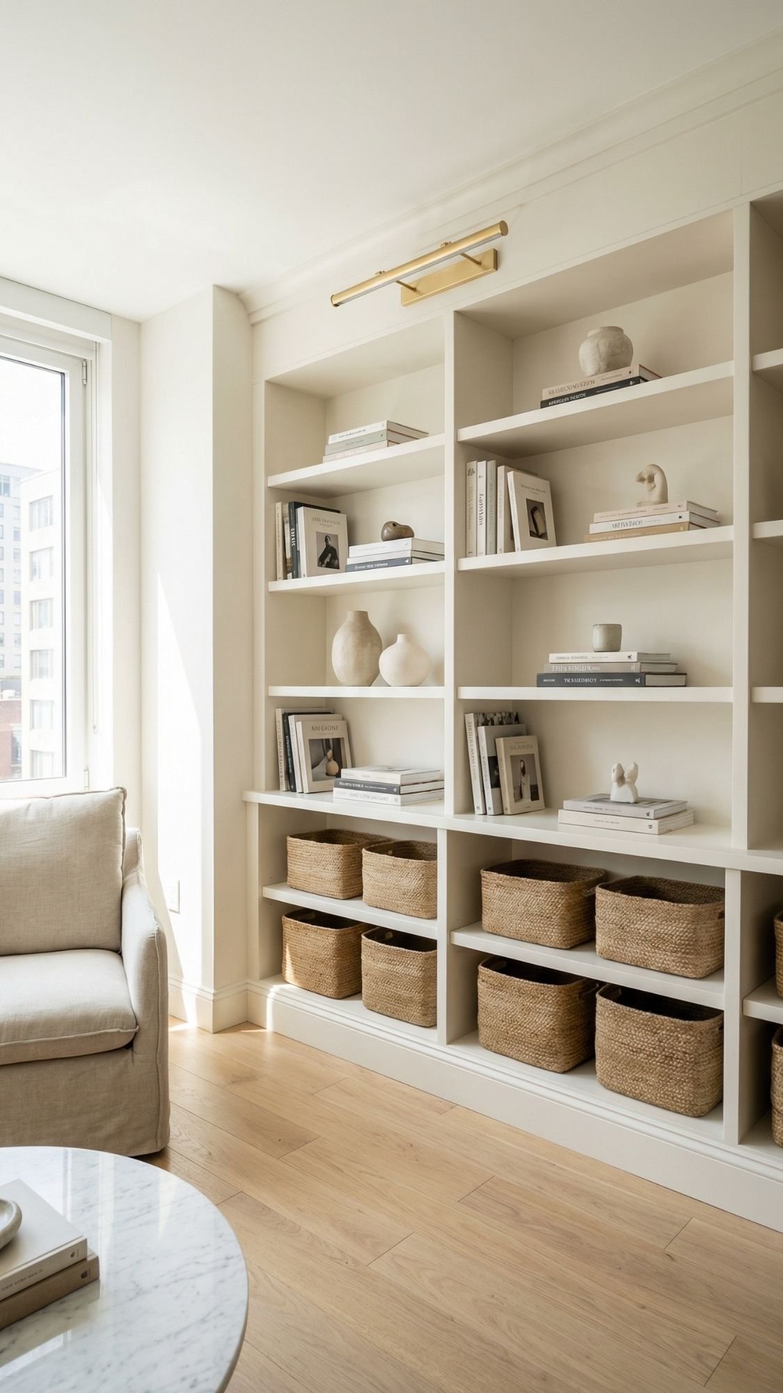 A modern, built-in bookshelf with neutral decor, including white vases, books, and small sculptures—perfect for small apartments seeking spacious home decor ideas—paired with woven baskets, a beige armchair, and a marble-topped table in a bright room.