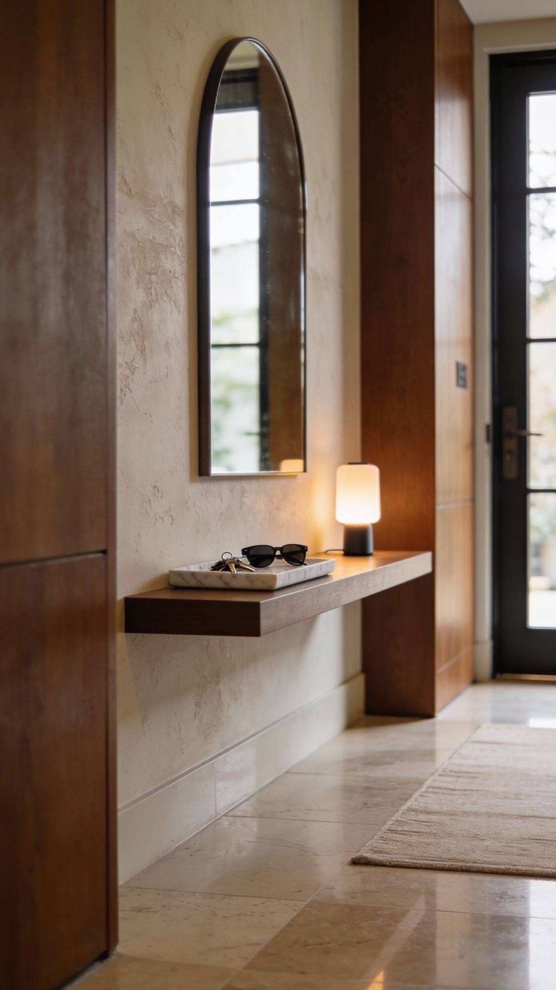 A modern entryway with a floating wooden shelf holds a tray, sunglasses, keys, and a small lamp. Above, a large arched mirror reflects light from a nearby glass door—perfect inspiration for welcoming home decor ideas in stylish entryways.