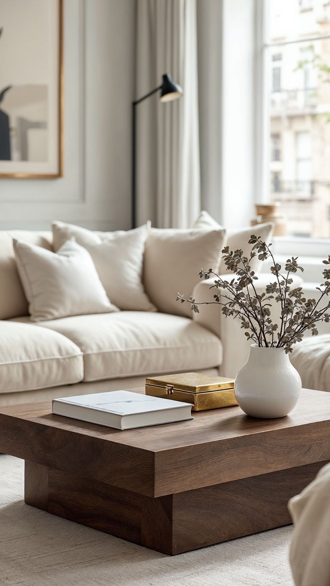 A modern living room with a cream sofa, white cushions, and a dark wooden coffee table holding a white vase with branches, a gold box, and a book. Large windows and minimal decor showcase effortless styling for bright, cozy home decor ideas.