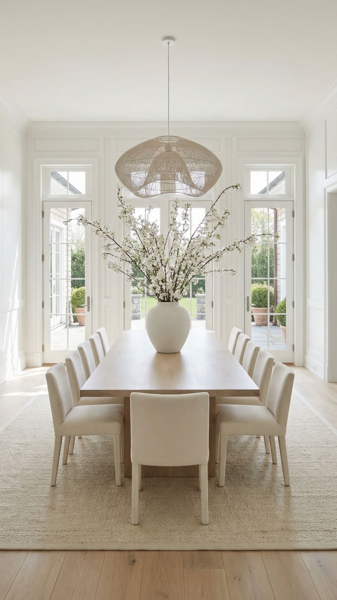 A bright, minimalist dining room with a light wood table, eight white upholstered chairs, and a large white vase of flowering branches is the perfect spring home decor idea to refresh your space, especially with tall windows and garden views.