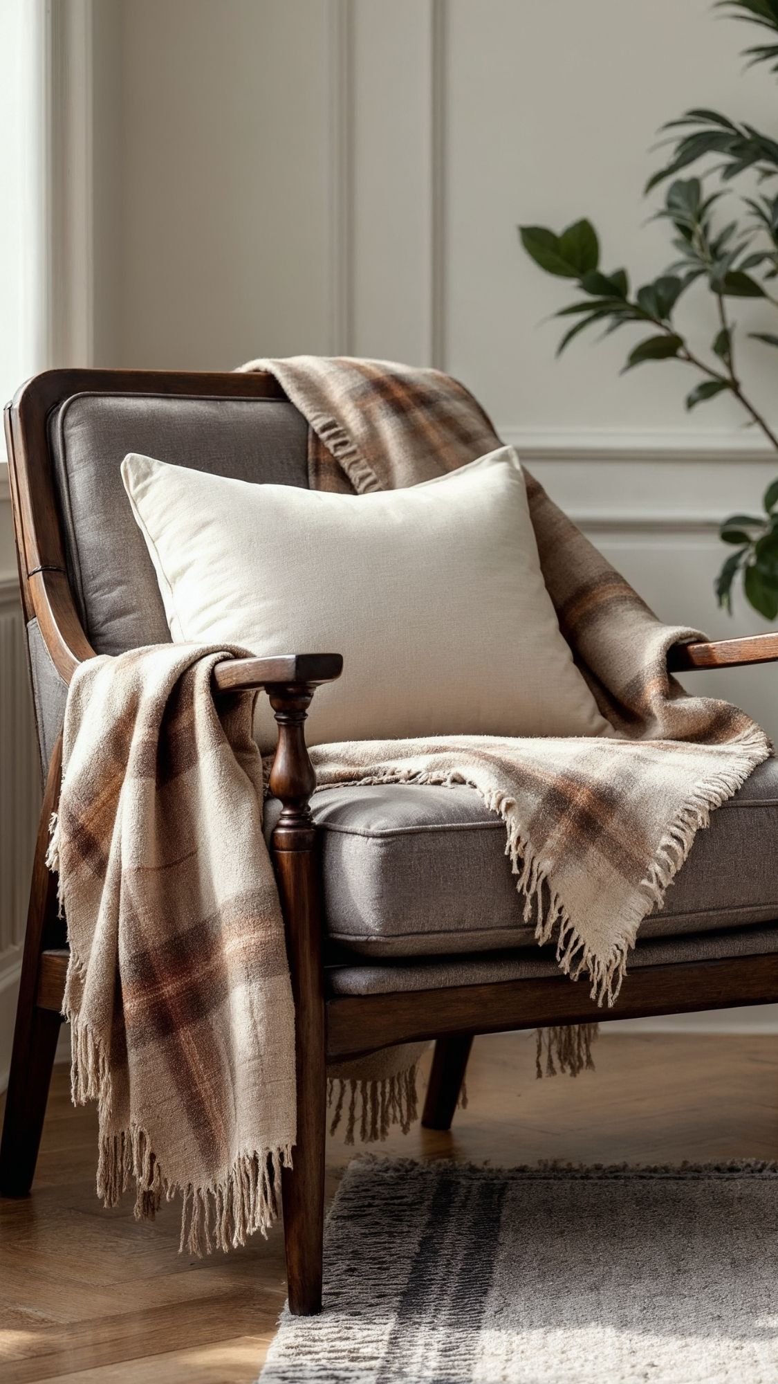 A cozy armchair with a beige cushion and a brown plaid throw, perfect for adding quiet luxury to your home decor. The chair sits on a wooden floor near a rug, with a green plant and white-paneled wall in the background.