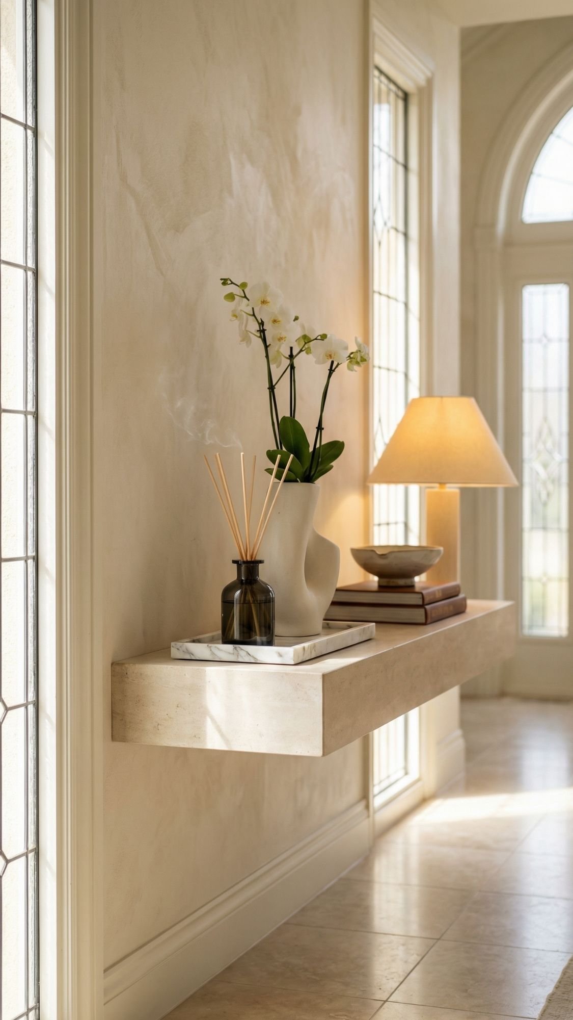 A floating shelf holds a vase with white orchids, a reed diffuser, stacked books, a round bowl, and a lit table lamp. Sunlight streams through tall windows, inspiring home decor ideas for elegant and welcoming entryways.