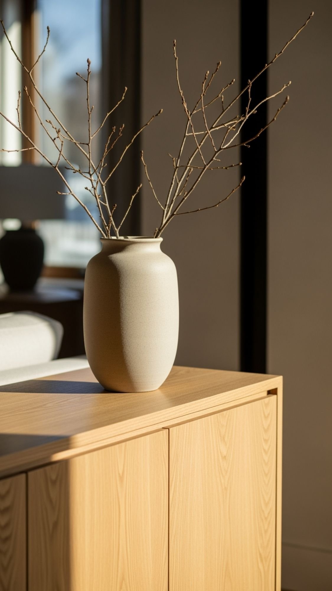 A beige ceramic vase with bare, thin branches sits on a light wooden cabinet, illuminated by warm sunlight—a serene scene that embodies Soft Neutrals and inspires Home Decor Ideas for a calm, minimalist winter home.