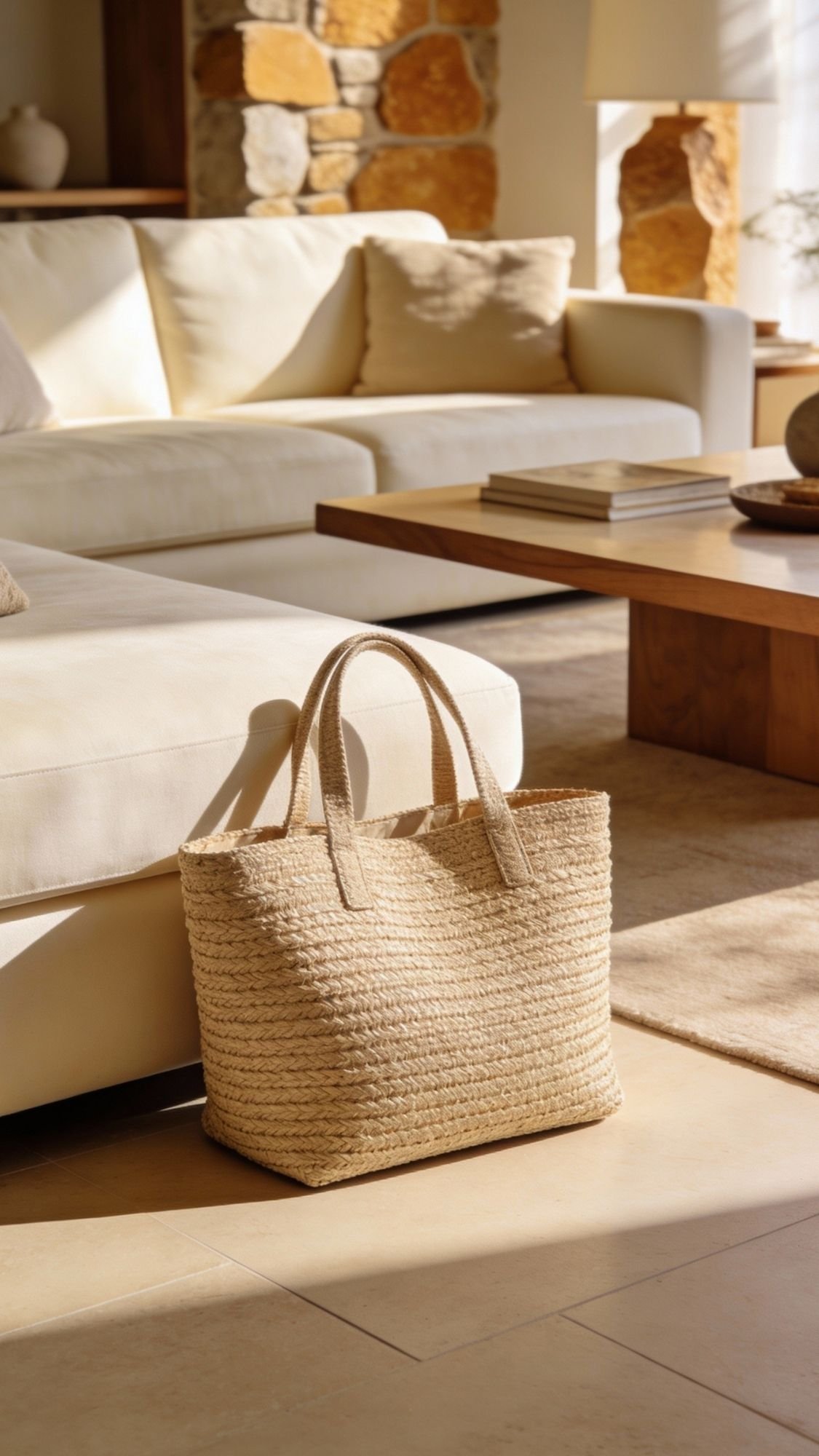 A woven straw tote bag sits on the floor beside a cream-colored sofa in a sunlit living room, inspiring easy living and home decor ideas with its neutral decor and stone accents.