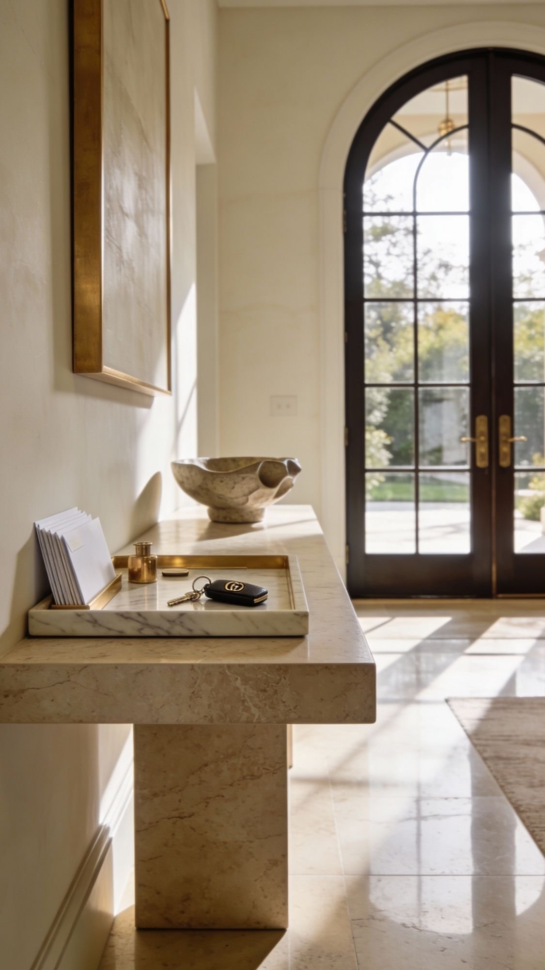 Welcome to a sunlit entryway featuring a marble console table holding mail, a key fob, and a decorative bowl. Large arched glass doors open to garden views, offering home decor ideas with abundant natural light.