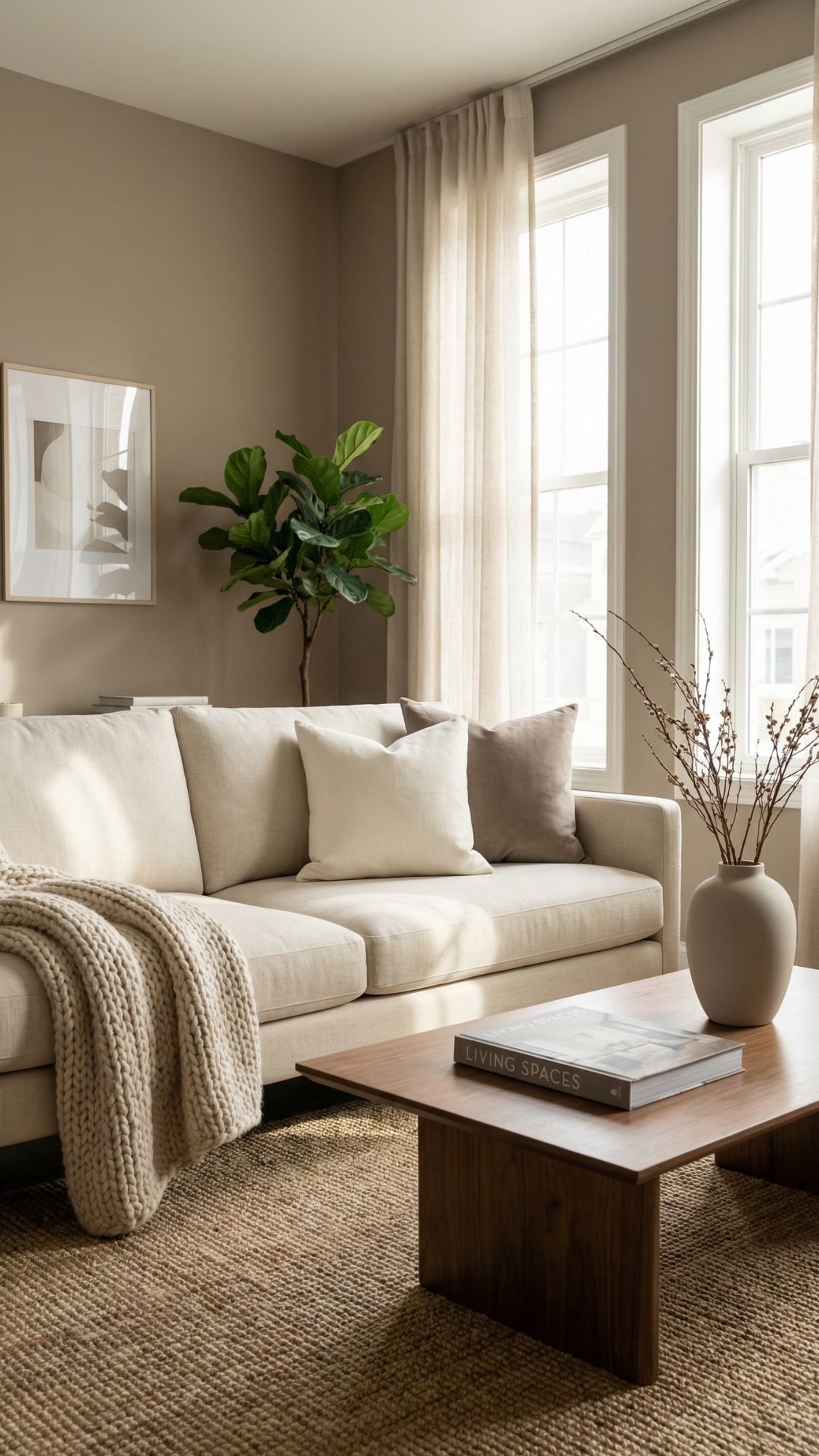 A cozy, modern living room embodies quiet luxury with a beige sofa, neutral pillows, and a knit throw. A wooden coffee table displays a vase and book. Large windows fill the space with light; tasteful home decor like potted plants and framed art complete the look.