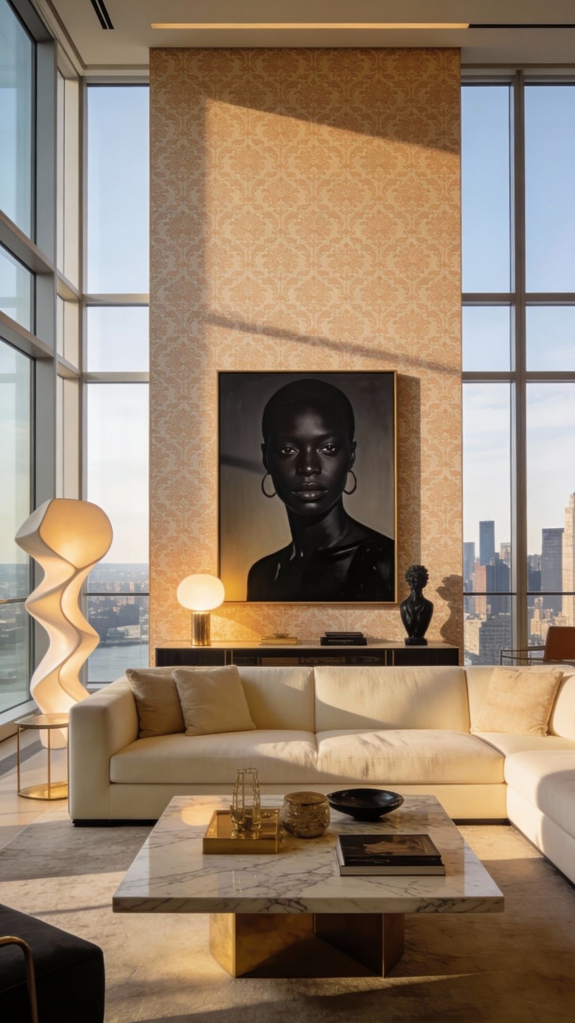 A modern living room with large windows, a beige sofa, a marble coffee table, and a tall patterned wall featuring a portrait of a woman—perfect for renter friendly upgrades and inspiring home decor ideas. Decorative lamps, city views, and sculptural decor complete the space.
