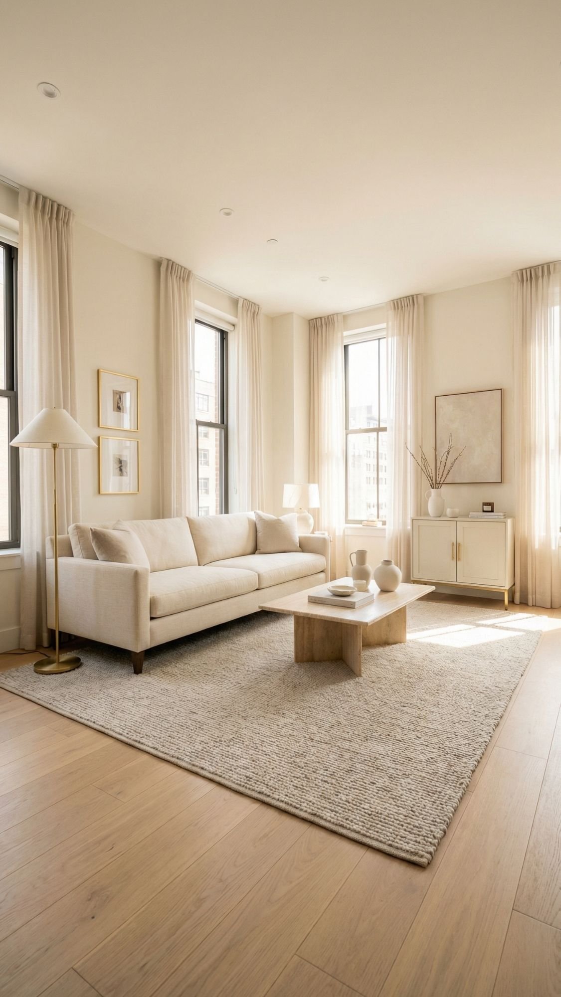 Bright, modern living room with large windows, a beige sofa, and minimalist decor—perfect for spacious small apartments. Natural light fills the space, offering fresh home decor ideas with neutral tones and simple furnishings.
