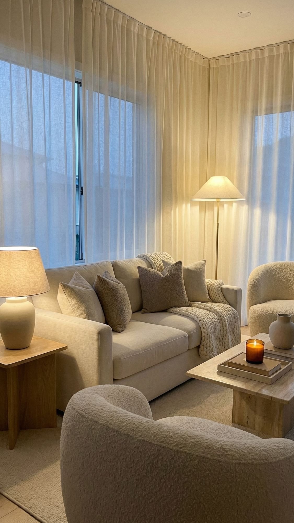 A cozy living room with soft neutrals, featuring a beige sofa with multiple cushions, two armchairs, a wooden side table, sheer curtains, and a coffee table with books and a lit candle—perfect for calm winter home vibes.