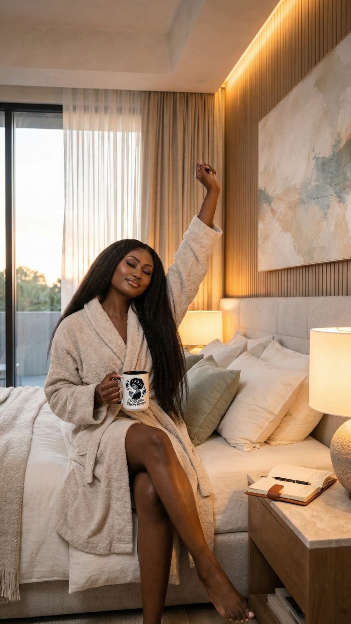 A woman in a bathrobe sits on a bed, holding a mug and raising one arm joyfully. In this warm, modern room, sunlight pours through large windows—capturing the perfect moment to recharge and enjoy an introvert’s peaceful fall reset.