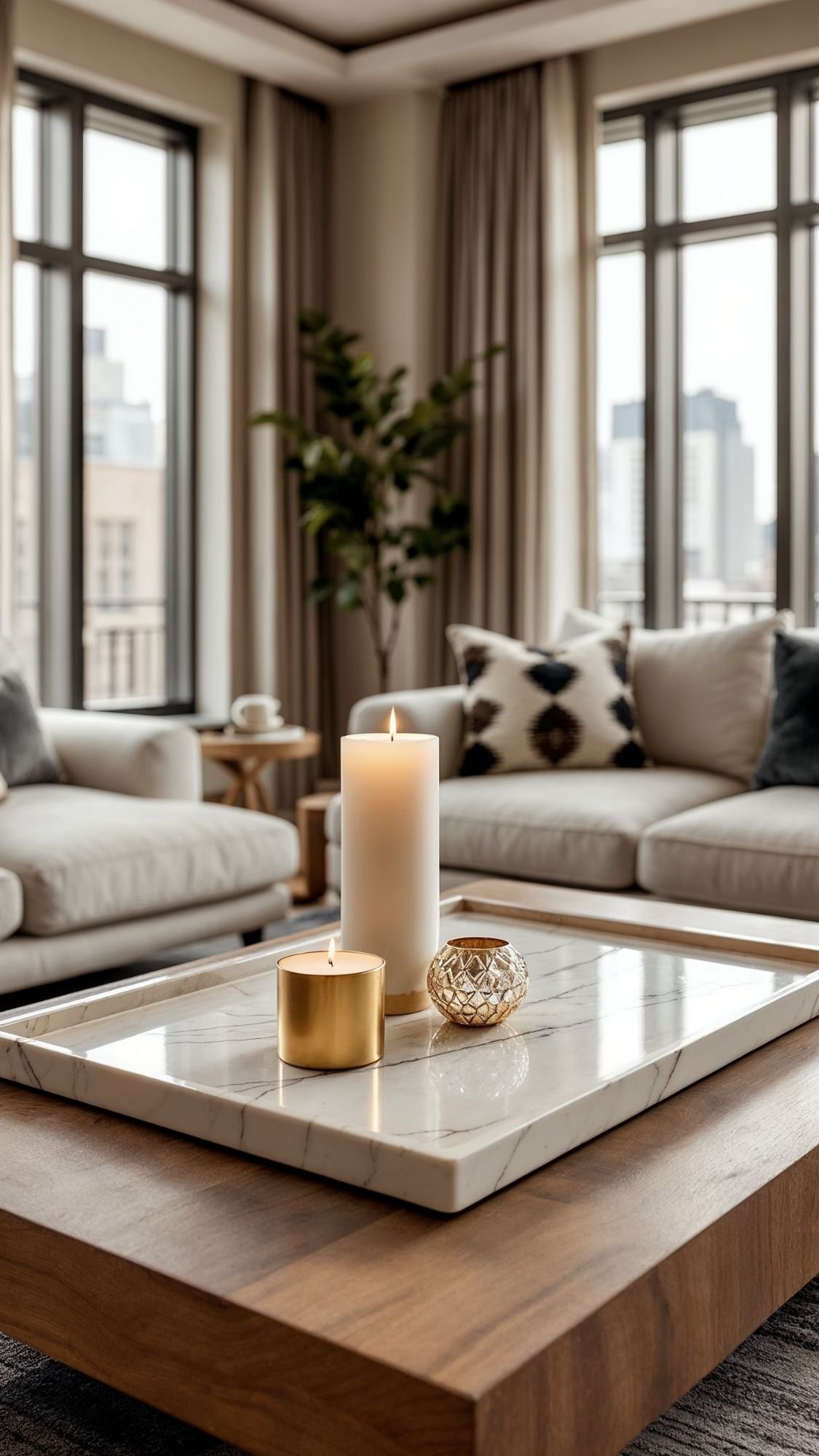 A cozy living room with two sofas, large windows, and a wooden coffee table topped with lit candles and a decorative glass item. Neutral tones and soft lighting add to the inviting vibe, offering effortless styling inspiration for your home decor ideas.
