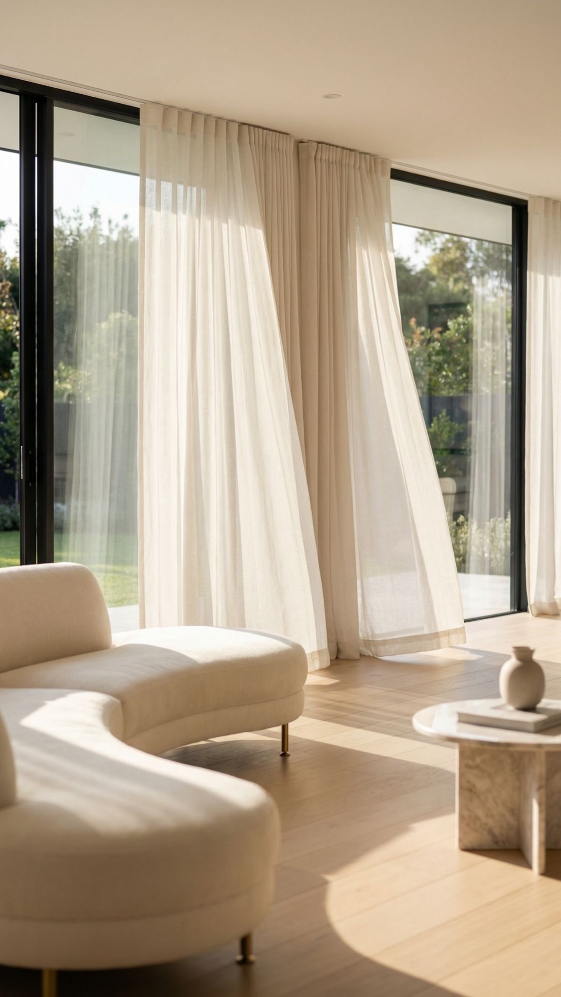 A modern living room with sheer white curtains, large floor-to-ceiling windows, a curved cream sofa, and a marble coffee table on light wood floors—perfect for easy living and inspiring fresh home decor ideas.