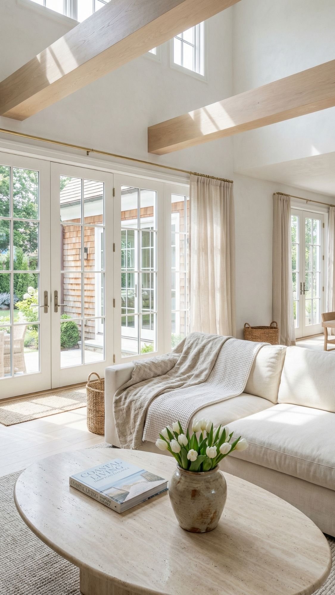 Refresh your space with this bright, airy living room—large windows and French doors fill it with spring light. A cream-colored sofa, cozy blanket, and light wood coffee table topped with tulips offer fresh home decor ideas.