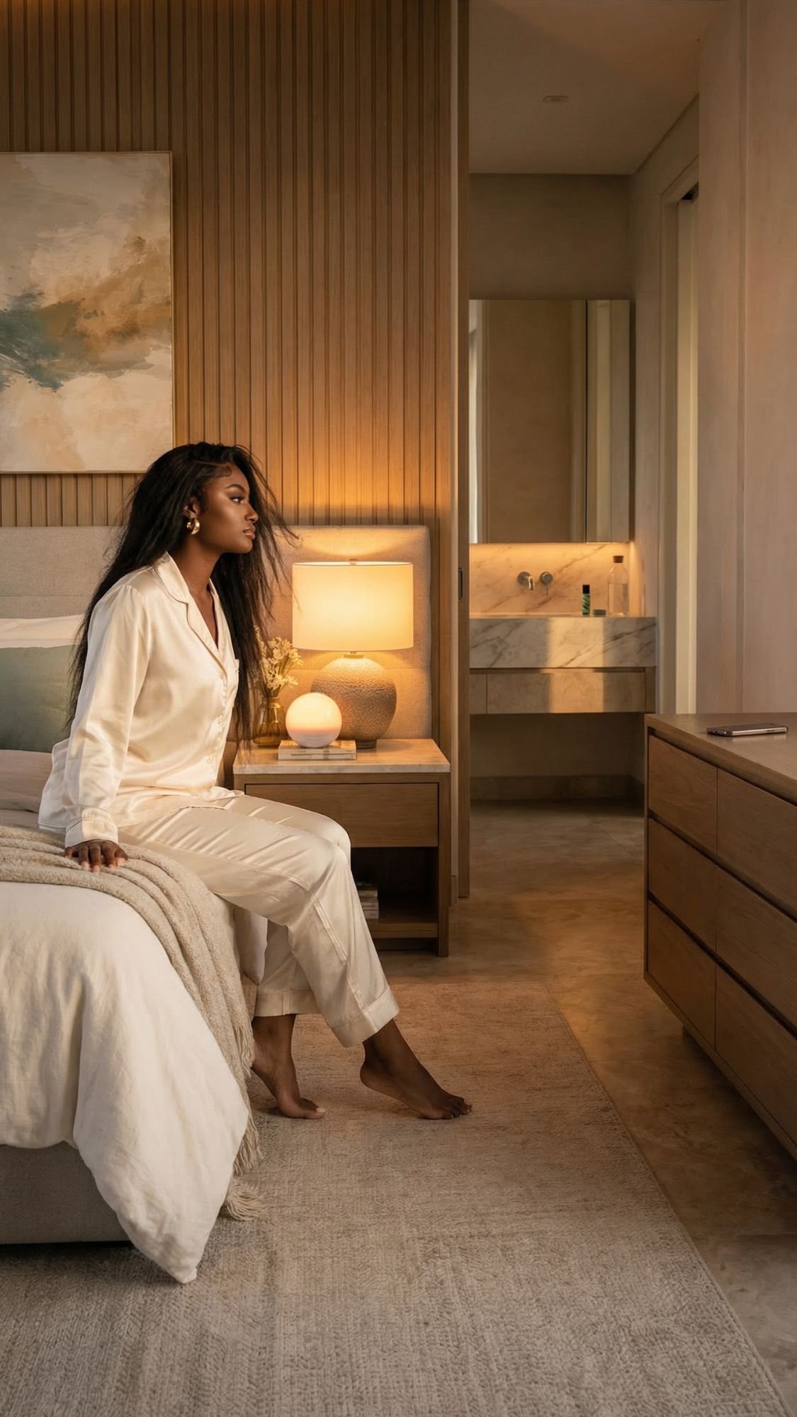 A woman in cream pajamas sits on the edge of a neatly made bed in a modern, softly lit bedroom with wooden accents and a glowing bedside lamp, beginning her morning routine for ADHD with calm and intention.