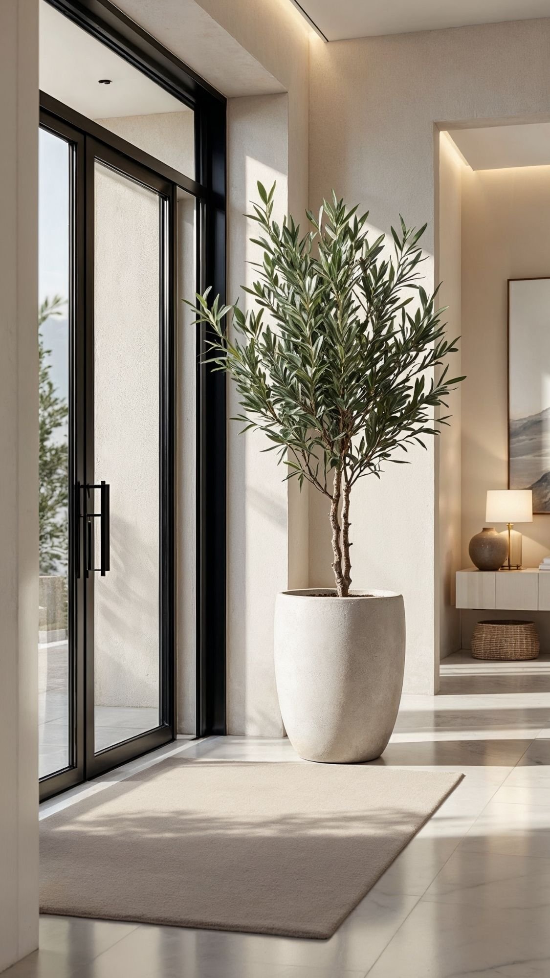 A modern, sunlit entryway showcases welcoming entryways with a large potted plant on a light rug near floor-to-ceiling glass doors. Neutral walls and minimal decor create a calm, inviting atmosphere perfect for home decor inspiration.