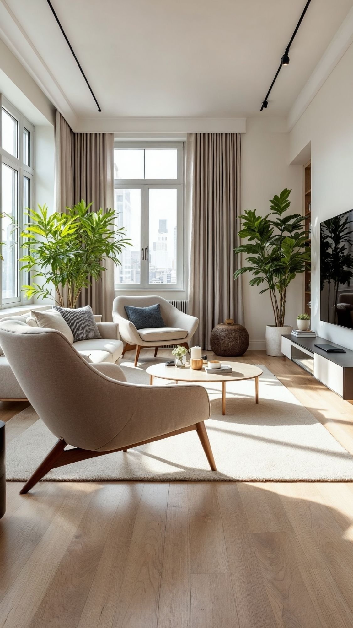 A modern living room with large windows, beige armchairs, and houseplants offers spacious vibes—perfect for small apartments. Natural light highlights the minimalist decor and light wood floor, providing fresh home decor ideas.