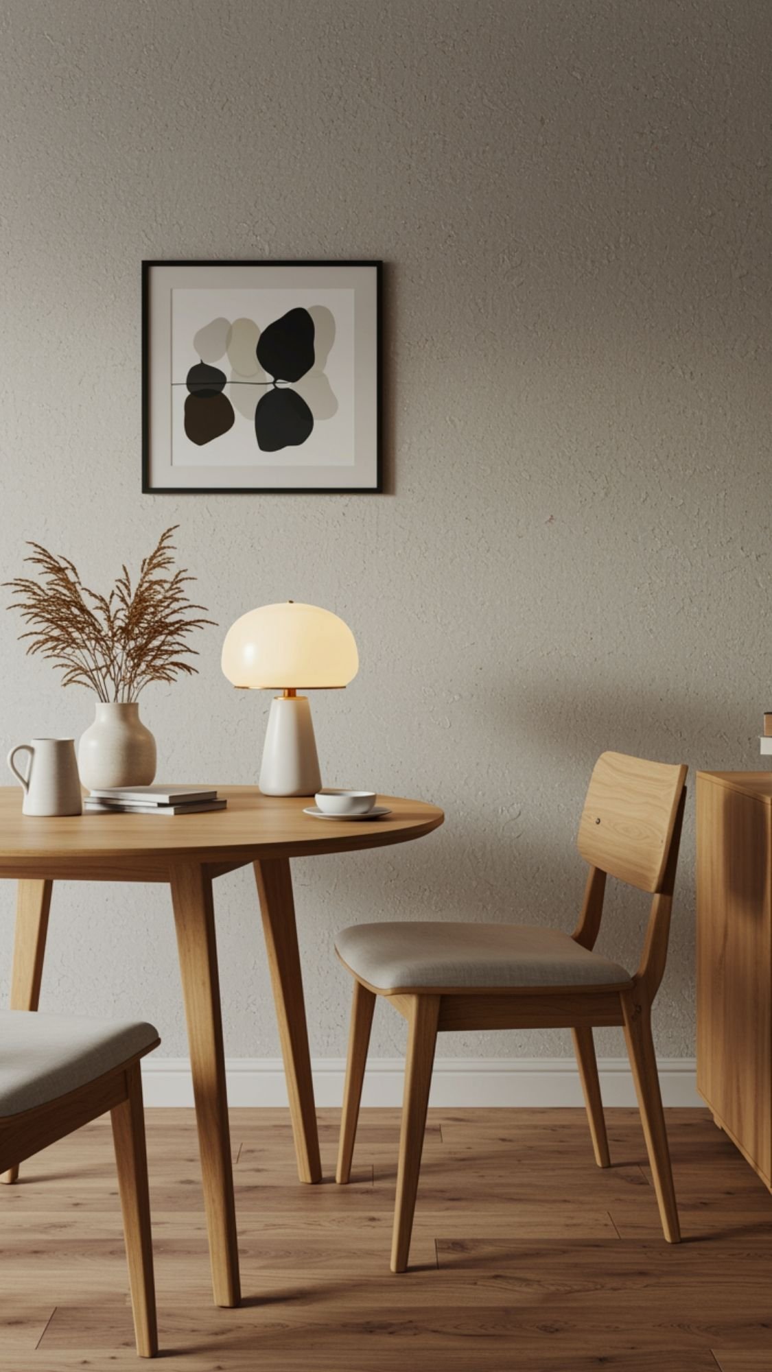 A cozy dining area with a round wooden table, two chairs, and modern lamp exudes quiet luxury. Thoughtful home decor—cup, pitcher, book, and a vase with dried plants—sits beneath minimalist abstract artwork on the light gray wall.