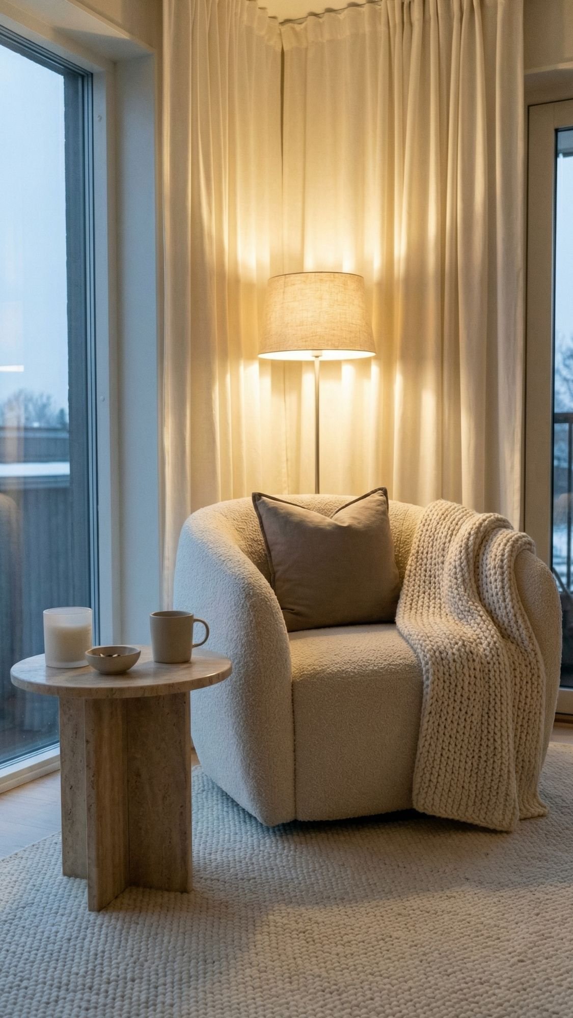 A cozy beige armchair with a gray pillow and knitted blanket sits beside a round wooden side table. Soft neutrals, candles, and gentle lighting offer calm winter home vibes, creating inviting home decor ideas near large windows with flowing curtains.