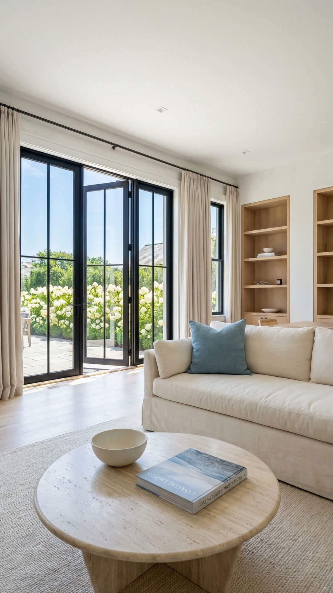 A bright, modern living room with a cream sofa, blue cushion, and round coffee table invites you to refresh your space. Open glass doors lead to a patio with spring flowers and built-in wooden shelves offer inspiring home decor ideas.