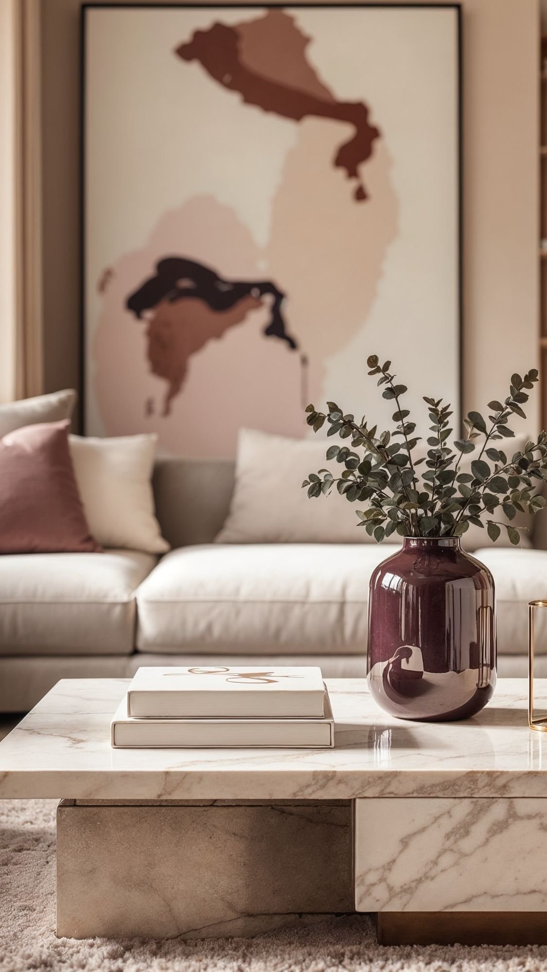 A modern living room with a cream sofa, pink and beige pillows, and a marble coffee table featuring chic coffee table decor—a dark purple vase with green branches—plus abstract art in earthy tones on the wall.