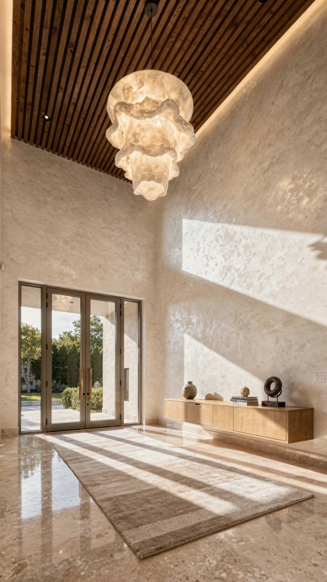 A modern entryway with a large glass door, high textured walls, a sculptural chandelier, wooden ceiling slats, and a long console table showcases stylish entryway decor—perfect inspiration for welcoming entryways filled with warm sunlight on marble floors.