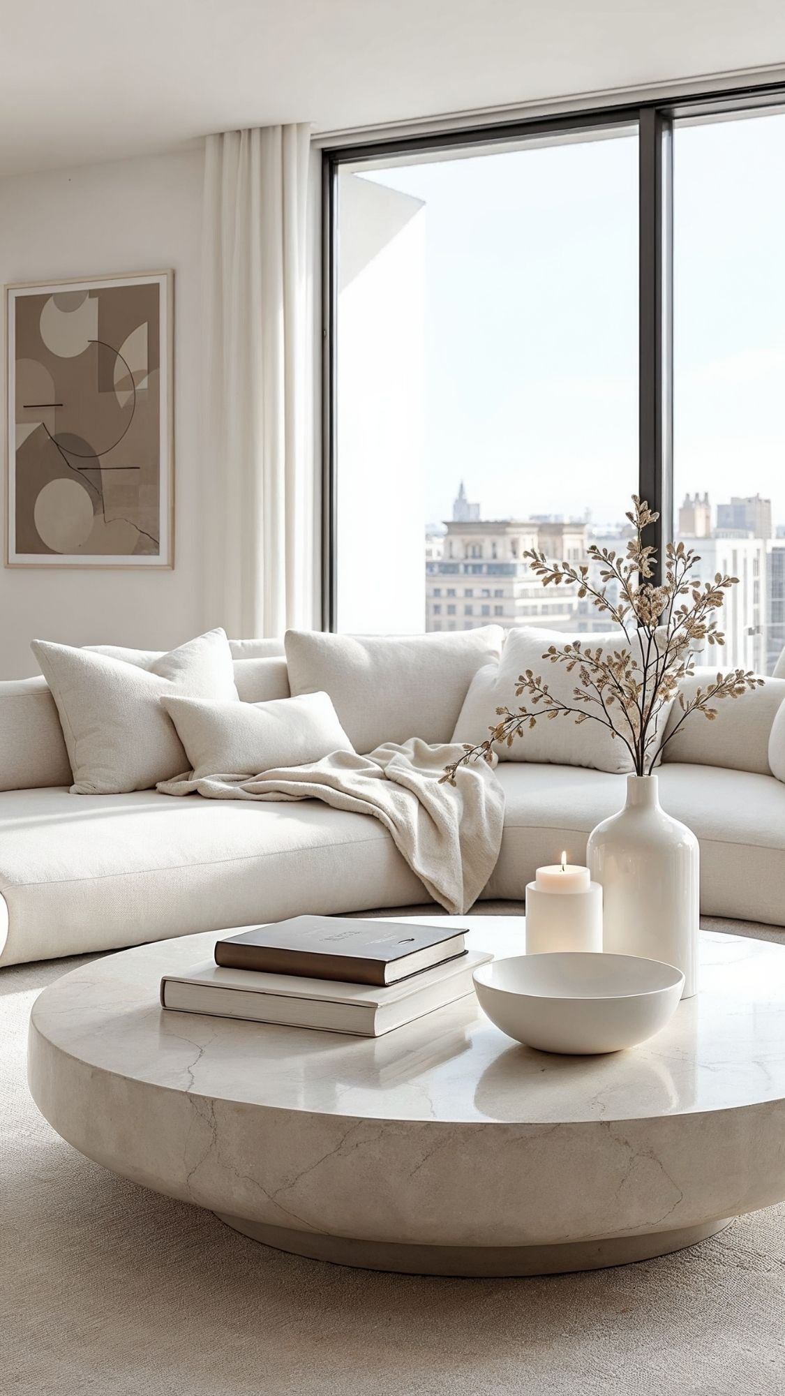 A modern, minimalist living room features a white curved sofa, neutral cushions, and a beige throw. The round marble coffee table showcases effortless styling with books, a bowl, a candle, and a vase of branches. Large windows reveal the cityscape outside.