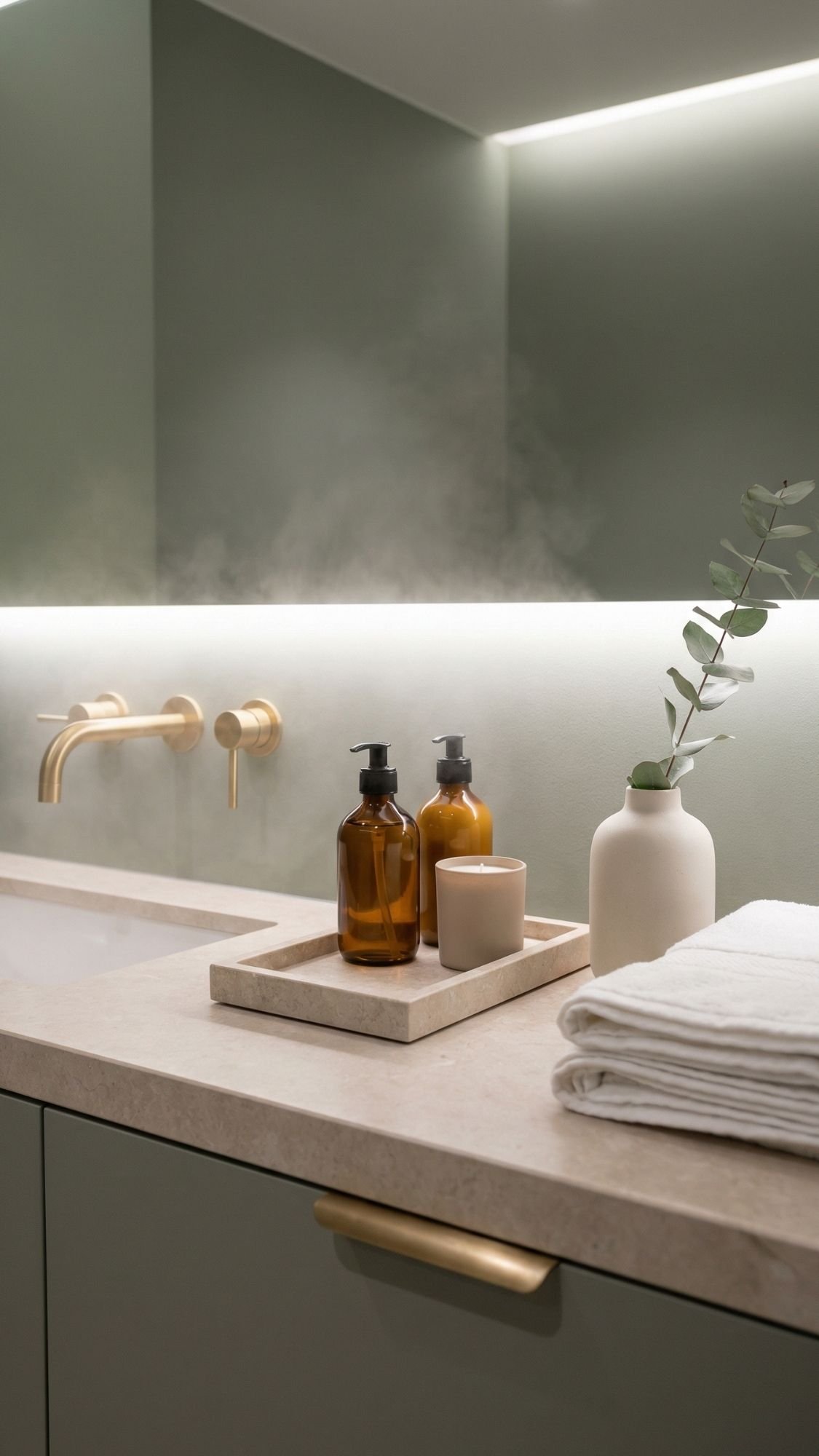 A modern bathroom counter with a beige stone surface exudes quiet luxury, featuring two amber glass soap dispensers, a ceramic cup, a vase with greenery, a tray, and neatly folded white towels. Soft lighting creates a calm atmosphere.
