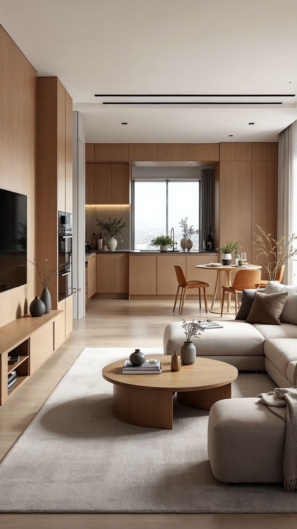 A modern, minimalist living and dining area with light wood cabinetry, ideal for small apartments. Neutral tones and simple home decor ideas create a spacious, cozy atmosphere filled with natural light from a large window.