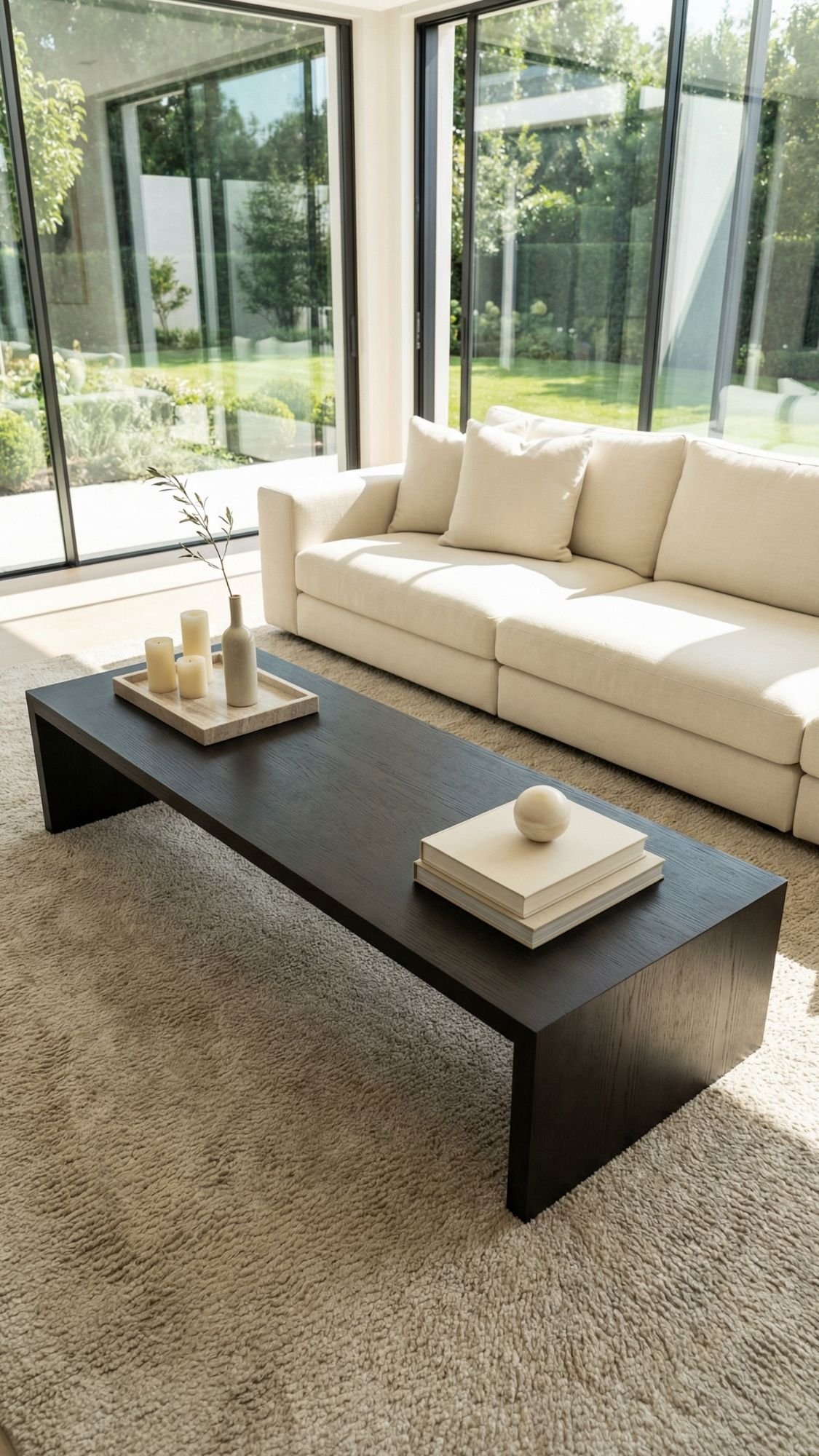 A modern living room with a large cream-colored sofa and dark wooden coffee table showcasing effortless styling—books, candles, and a vase—set on a light textured rug with floor-to-ceiling windows overlooking a green garden.