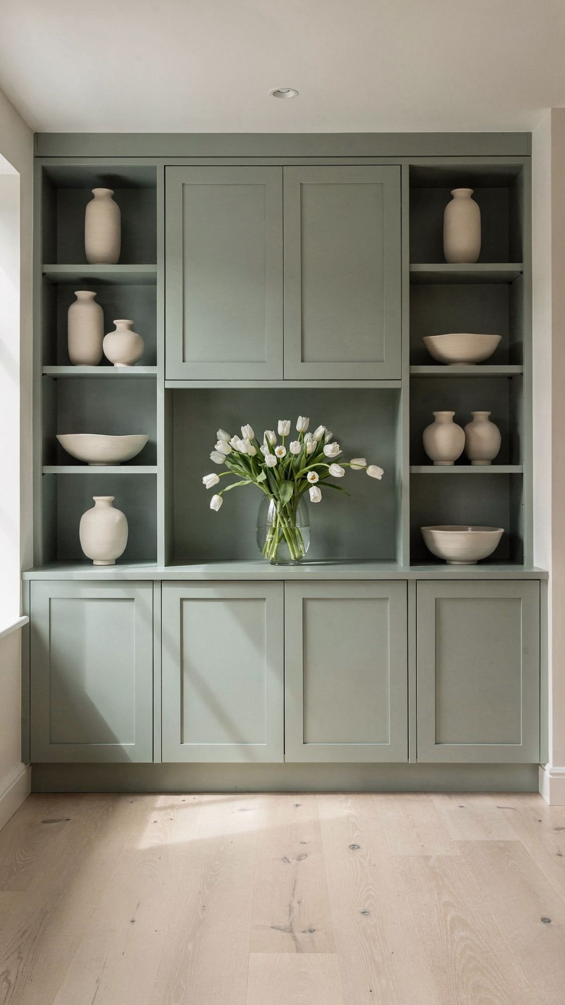A sage green built-in cabinet with shelves displaying white ceramic vases and bowls brings fresh Spring vibes. A clear vase with white tulips is centered on the middle shelf—simple inspiration to refresh your space.