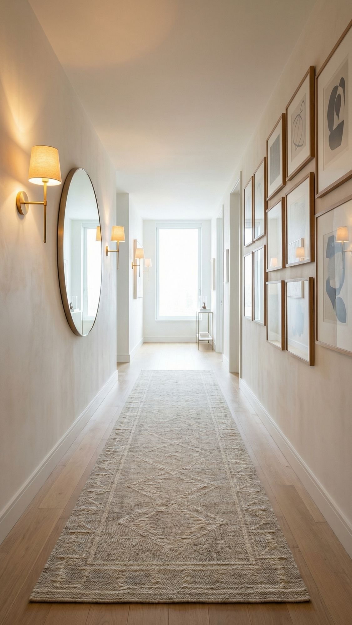 A bright hallway with light wood flooring, a patterned rug, wall-mounted lamps, and a large round mirror—perfect for small apartments—leads past a gallery wall of framed abstract art to a window at the end, creating a spacious home decor feel.