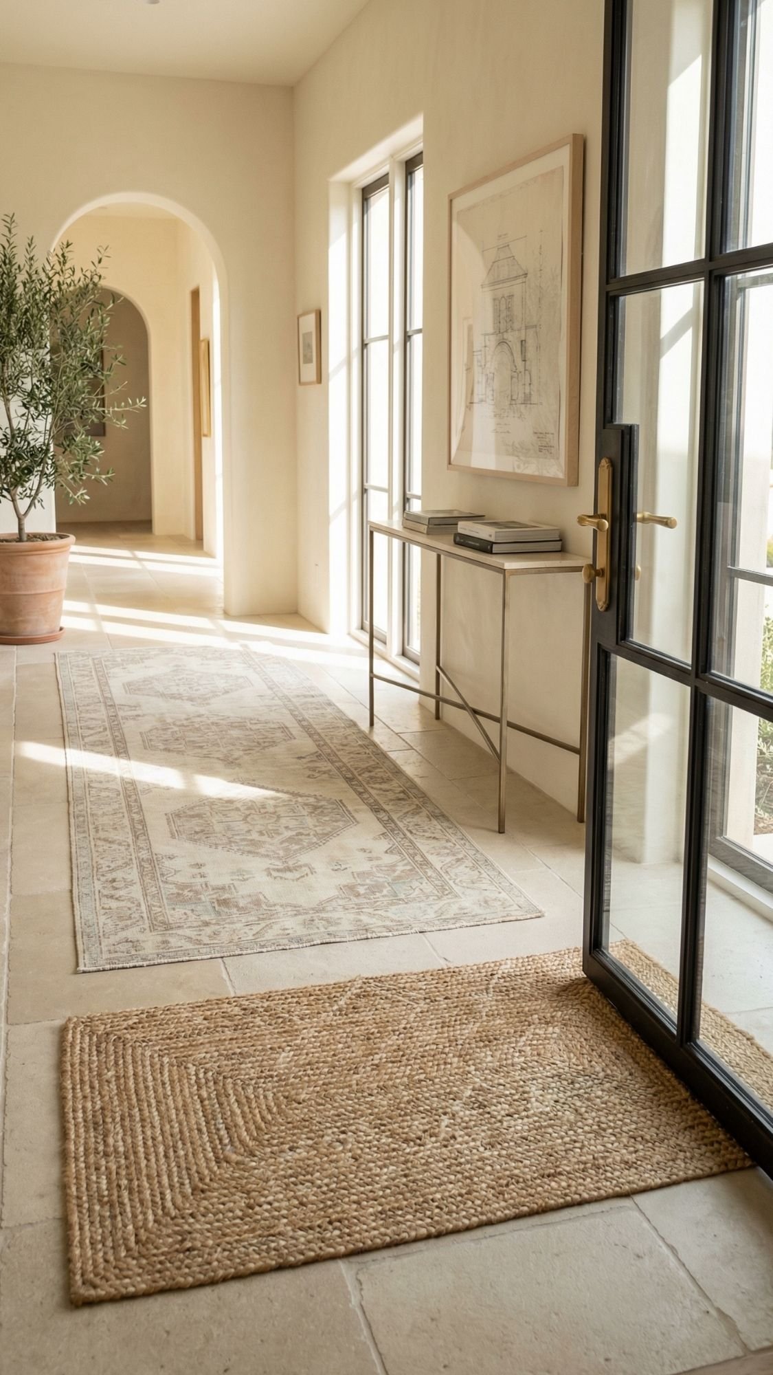 Welcome guests into a bright hallway featuring stone tile flooring, a jute doormat, a patterned runner rug, and stylish entryways home decor ideas—potted plants, framed art above a console table, and glass doors flooding the space with natural light.