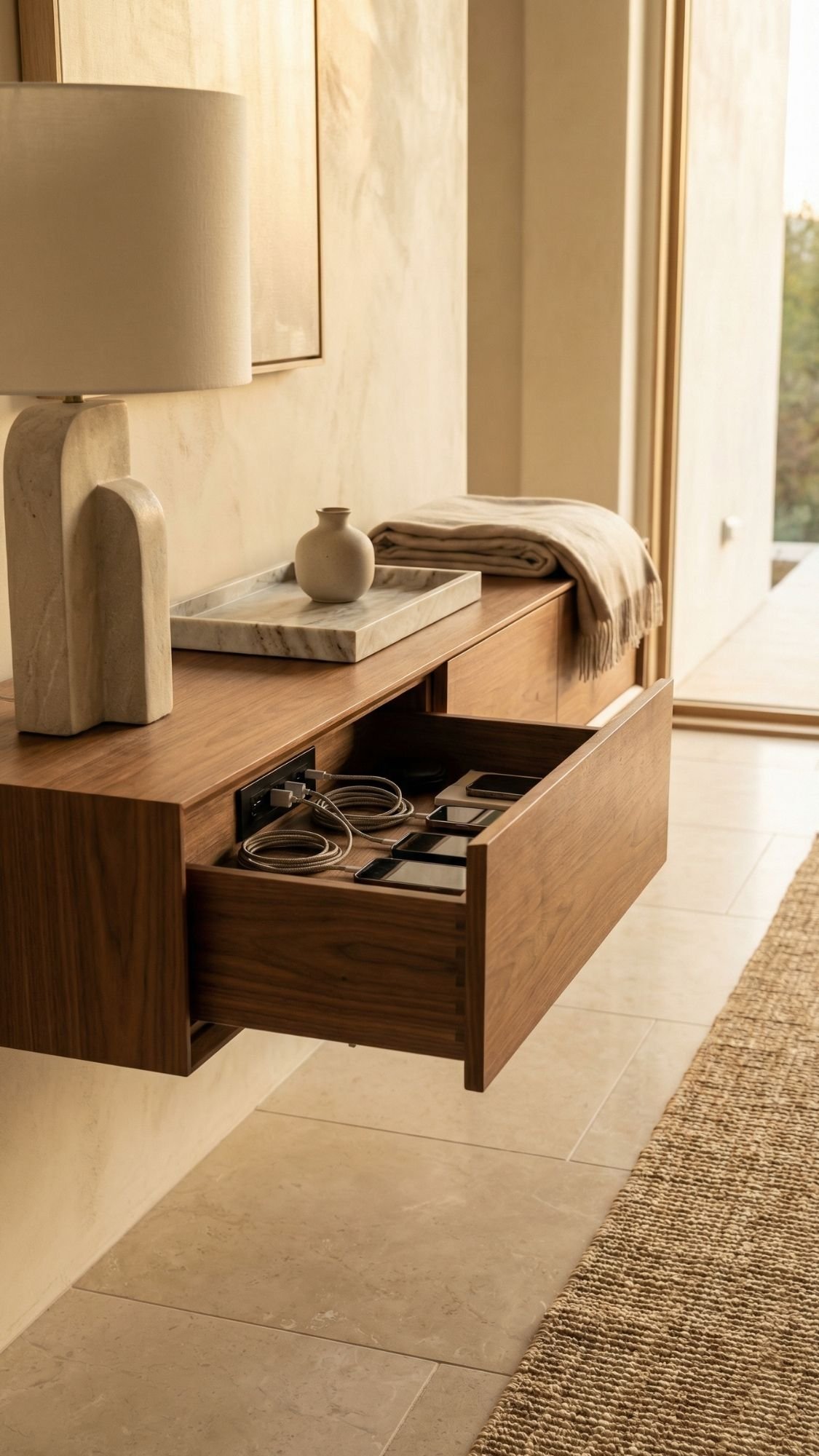 A modern wooden floating console with an open drawer reveals a built-in charging station—ideal for entryways. On top, a lamp, ceramic vase, tray, and folded blanket offer stylish home decor ideas. Sunlight fills the welcoming, airy room.