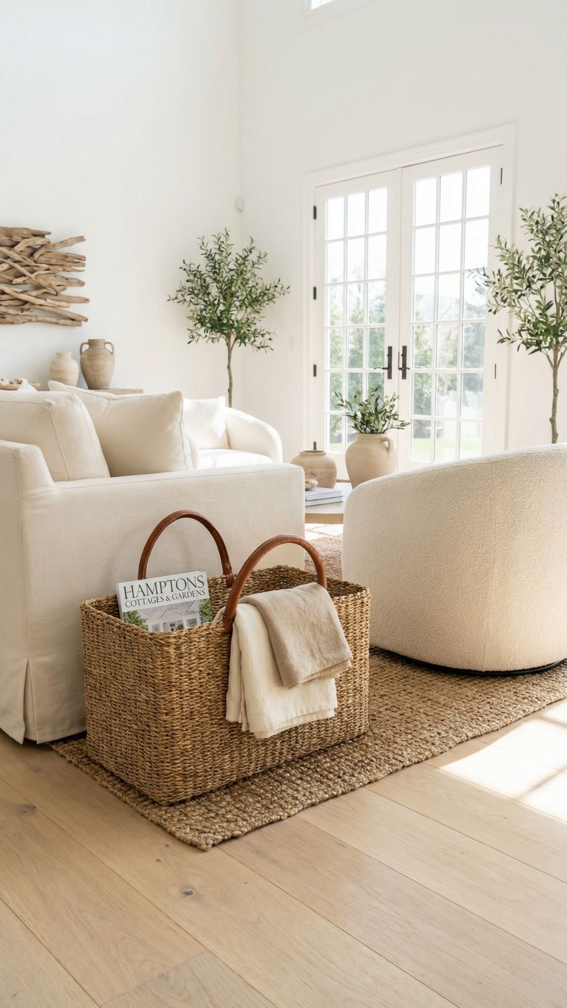A bright, airy living room with light wood floors, a white sofa, a textured armchair, potted olive trees, and a woven basket on a natural jute rug near large French doors—perfect home decor ideas to refresh your space this spring.