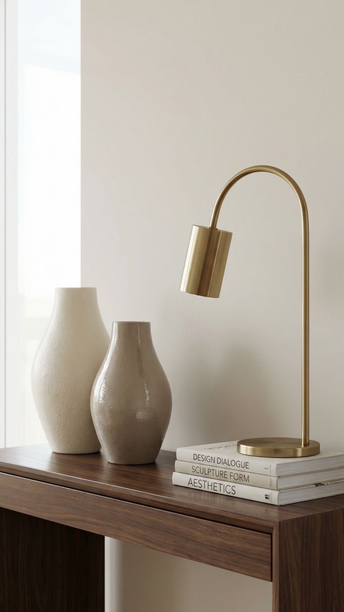 A modern wooden table holds two ceramic vases and a gold arched desk lamp. Four stacked books with minimalist covers rest nearby, offering stylish home decor ideas perfect for small apartments or spacious rooms alike.