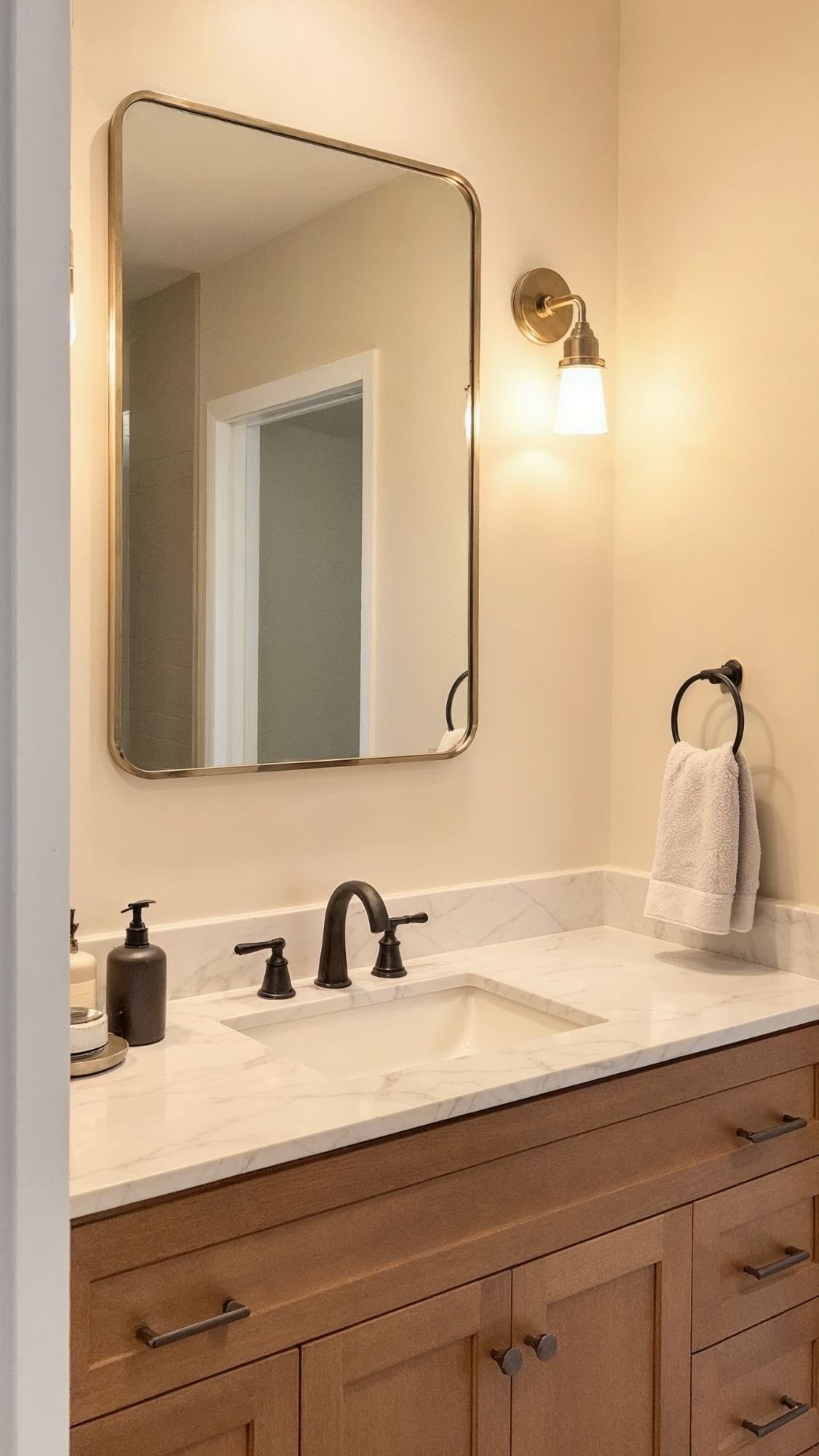 A bathroom vanity with a wooden cabinet in soft neutrals, white marble countertop, black faucet, rectangular mirror with rounded edges, wall-mounted sconce light, and a hand towel on a black ring holder—perfect for calm winter home decor ideas.