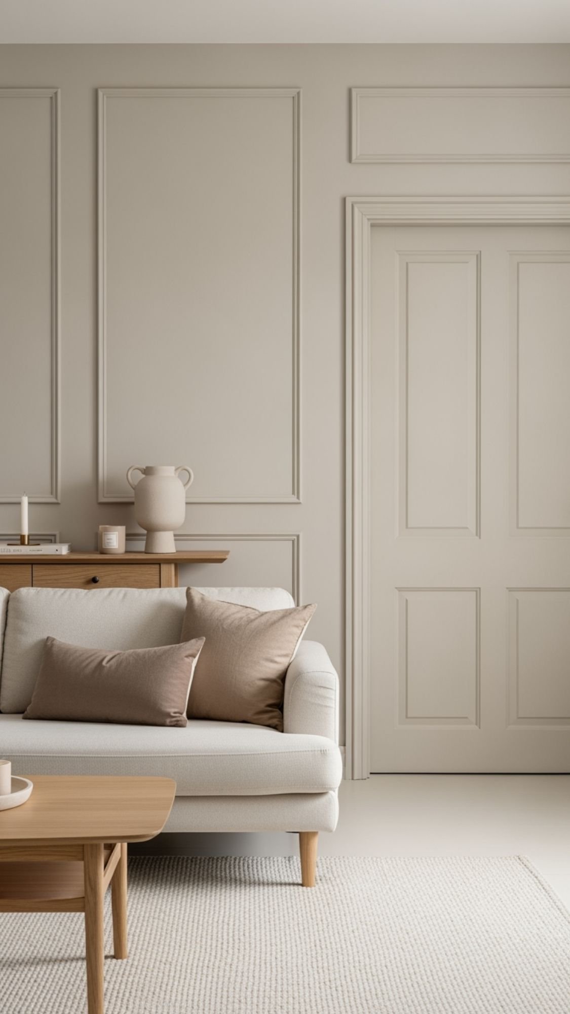 A minimal, neutral-toned living room features a beige sofa with brown cushions and soft neutrals, wooden coffee table, and matching wall paneling. A shelf behind the sofa displays a vase and candles—perfect inspiration for cozy winter home decor ideas.